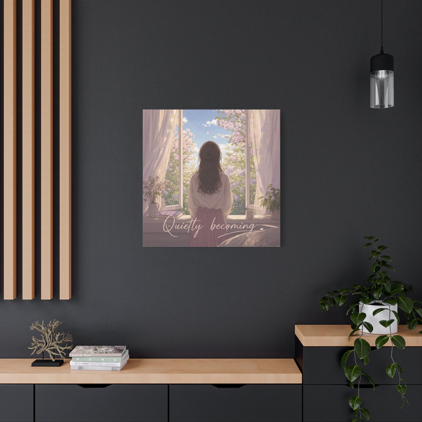 "Quietly Becoming" Girl At Window Canvas Wall Art - Cherry Blossom Bedroom Decor, Soft Pastel Inspirational Print, Dreamy Feminine Room Decoration - Bedroom Home Decoration - Living Room Wall Decor