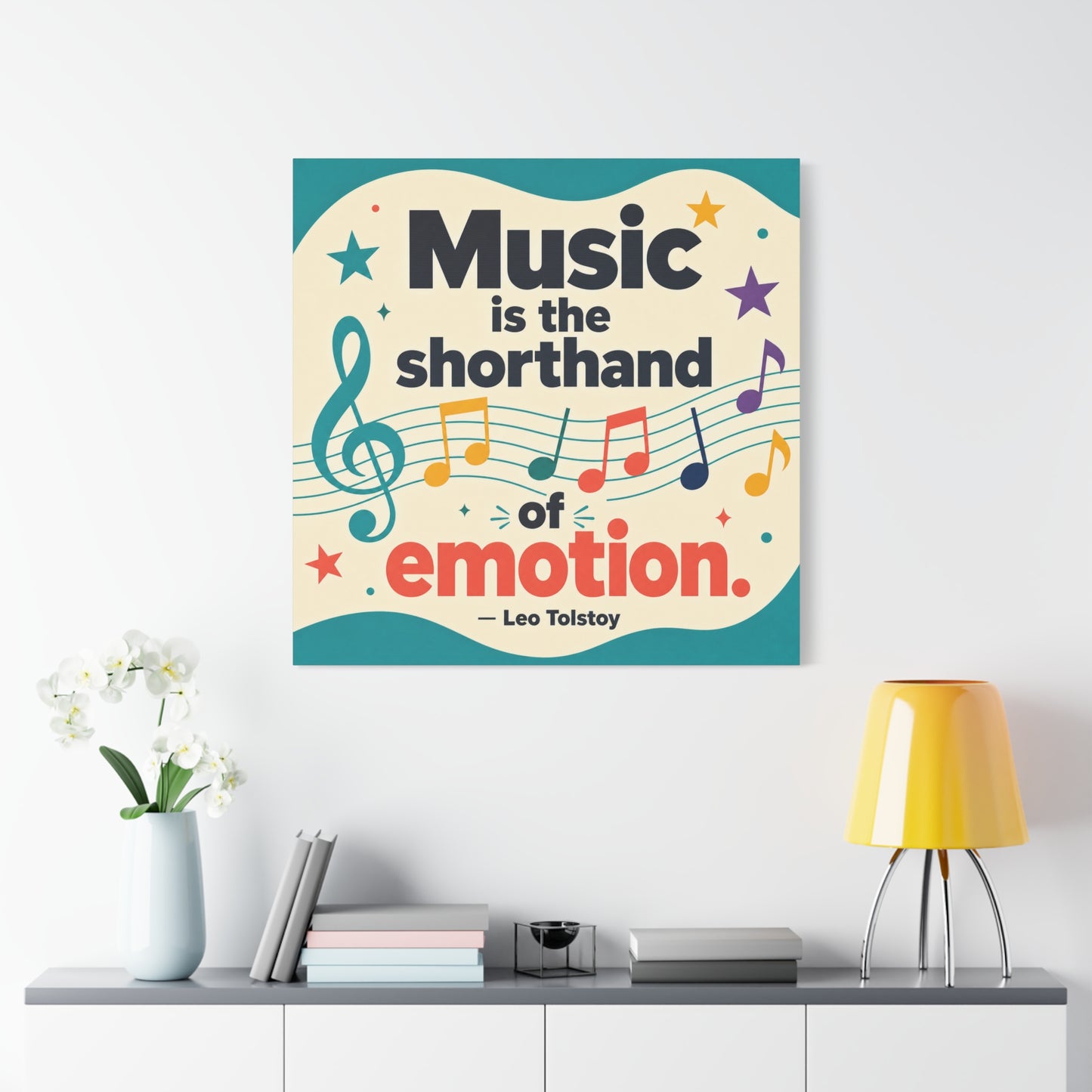 "Music Is The Shorthand Of Emotion." Leo Tolstoy Canvas Wall Art - Colorful Typography Quote Print, Music Teacher Classroom Decor, Kids Room Home Decoration, Modern Wall Hanging - Ready to Hang