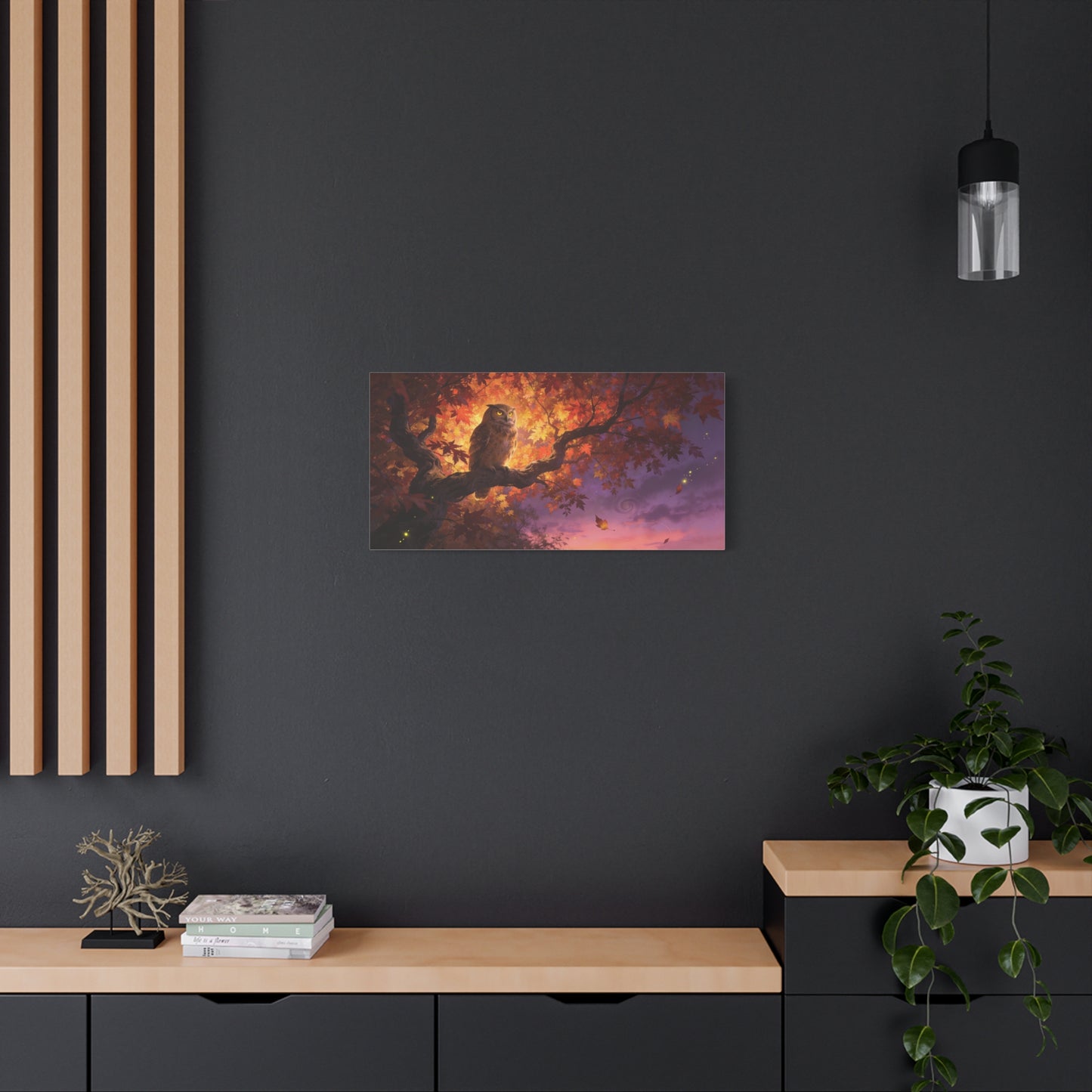 Owl Canvas Wall Art - Autumn Tree Branch Wildlife Illustration, Glowing Twilight Sky - Matte Canvas Print, Rustic Nature Style - Living Room Wall Decor, Bedroom Home Decoration - Cozy Reading Nook Art
