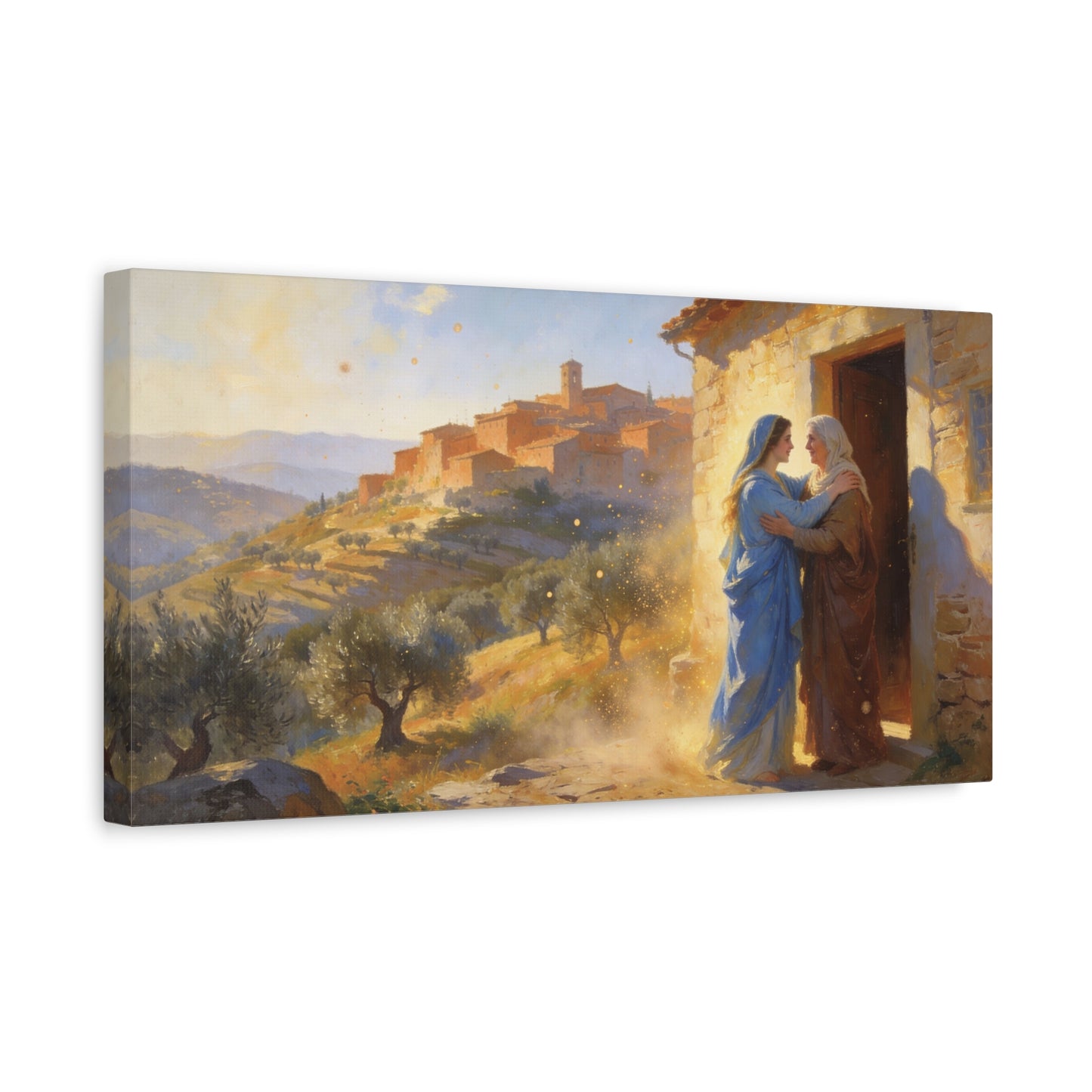 Virgin Mary Visitation Canvas Wall Art - Religious Biblical Village Scene, Golden Light Painting - Christian Home Decor, Traditional Style - Living Room Wall Decor Bedroom Decoration - Ready to Hang