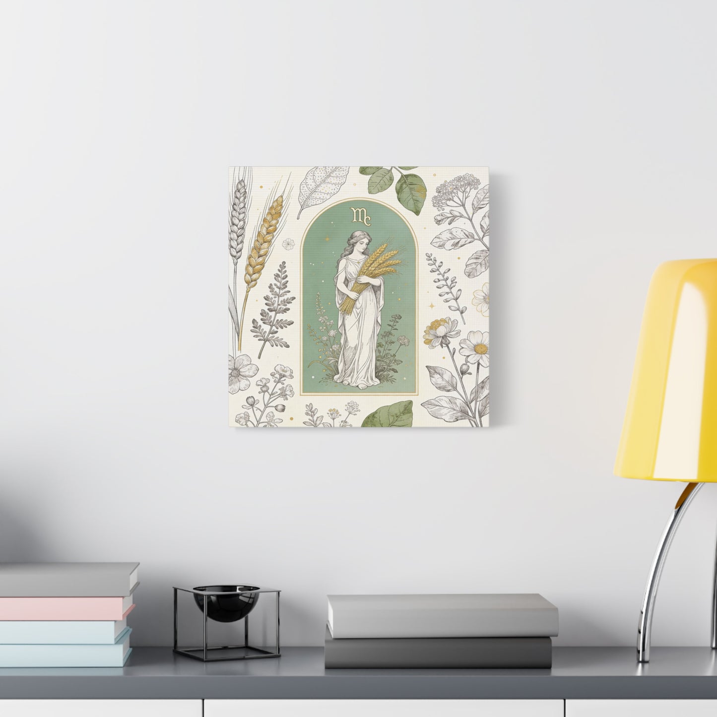 Virgo Zodiac Canvas Wall Art - Botanical Maiden Holding Wheat, Celestial Illustration - Sage Green Gold Cotton Print - Vintage Astrology Decor, Bedroom Wall Hanging Accent - Bedroom Home Decoration