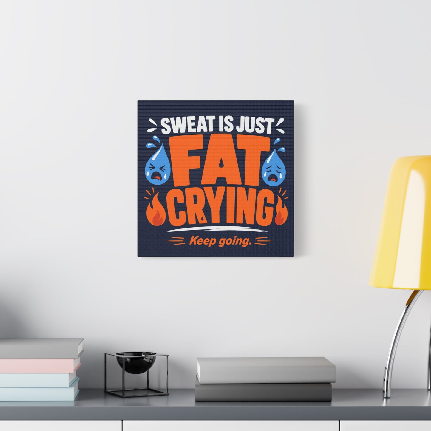 "Sweat Is Just Fat Crying Keep Going" Typography Canvas Wall Art - Funny Gym Motivation Quote Print, Navy Orange Blue Workout Decor - Modern Home Office Wall Decor - Ready to Hang - Ready to Hang