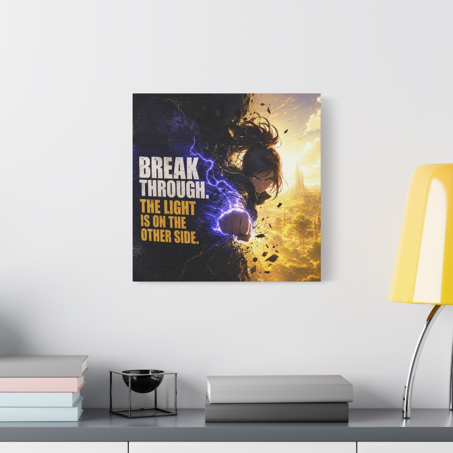 "Break Through. The Light Is On The Other Side." Anime Canvas Wall Art - Motivational Fantasy Girl Poster Print, Dramatic Gold Lightning, Contemporary Bedroom Decor, Teen Room Accent - Office Wall Art