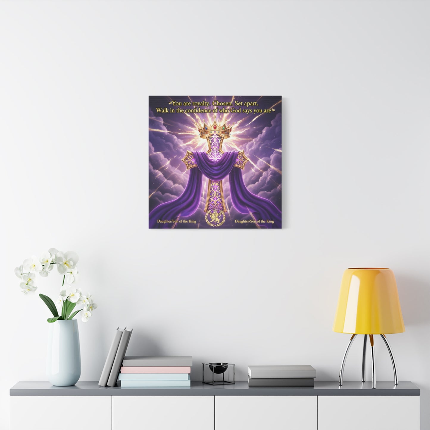 "You Are Royalty. Chosen. Set Apart." Christian Canvas Wall Art - Crowned Cross With Purple Draped Cloth, Daughter Son Of The King Quote - Religious Wall Decor For Bedroom, Office - Ready to Hang