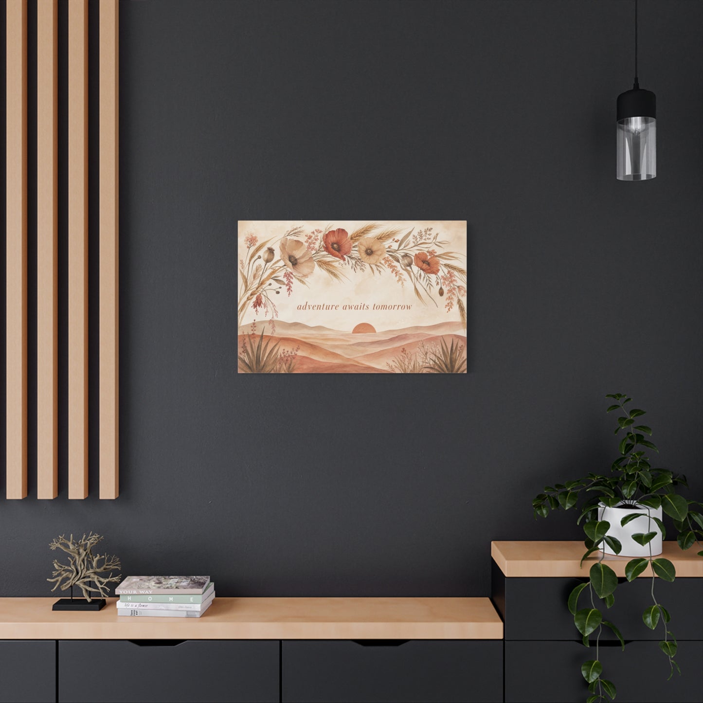 "Adventure Awaits Tomorrow" Poppy Flower Canvas Wall Art - Boho Botanical Desert Sunset Quote Print - Warm Neutral Watercolor Landscape - Bedroom Wall Decor, Living Room Home Accent - Ready to Hang