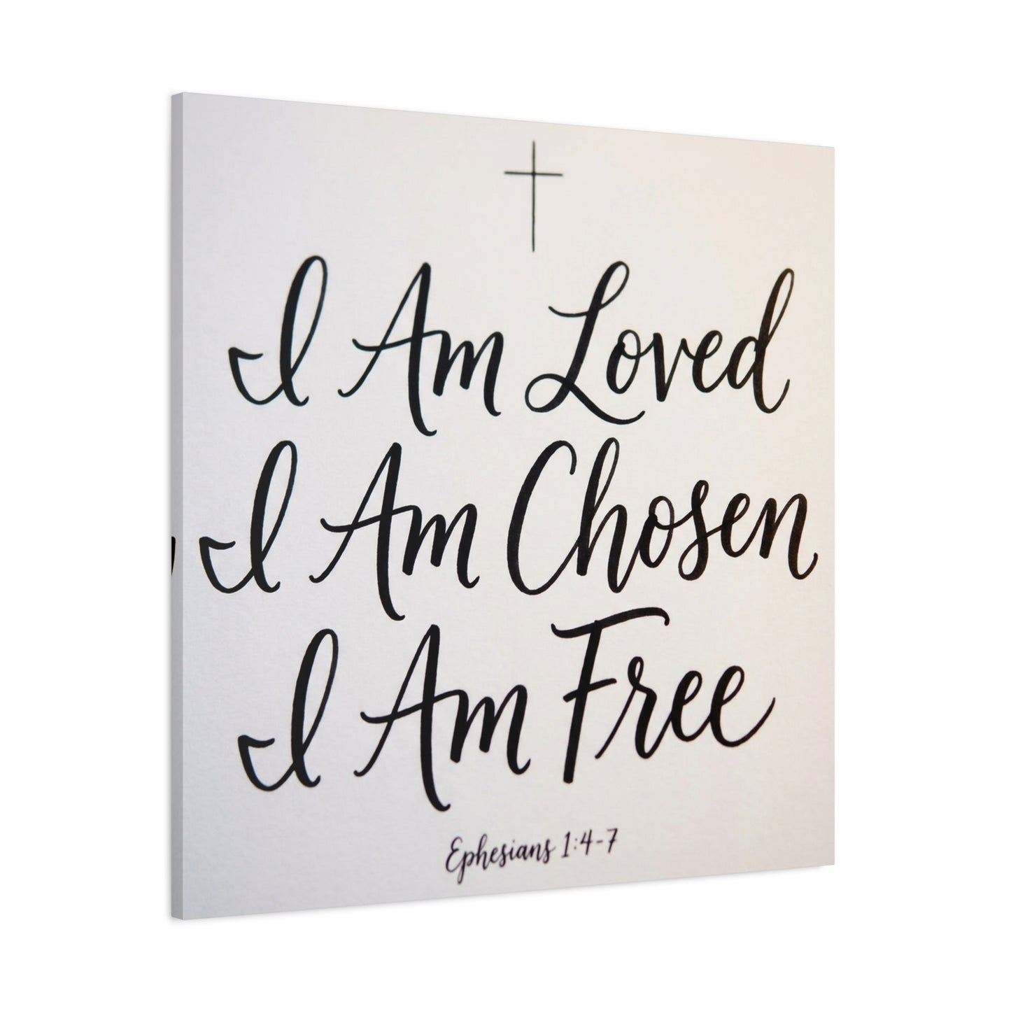 "I Am Loved, Chosen, Free" Christian Canvas Wall Art - Ephesians 1:4-7 Scripture Cross Print - Neutral Typography Decor - Bedroom Home Decoration, Living Room Wall Decor - Ready to Hang