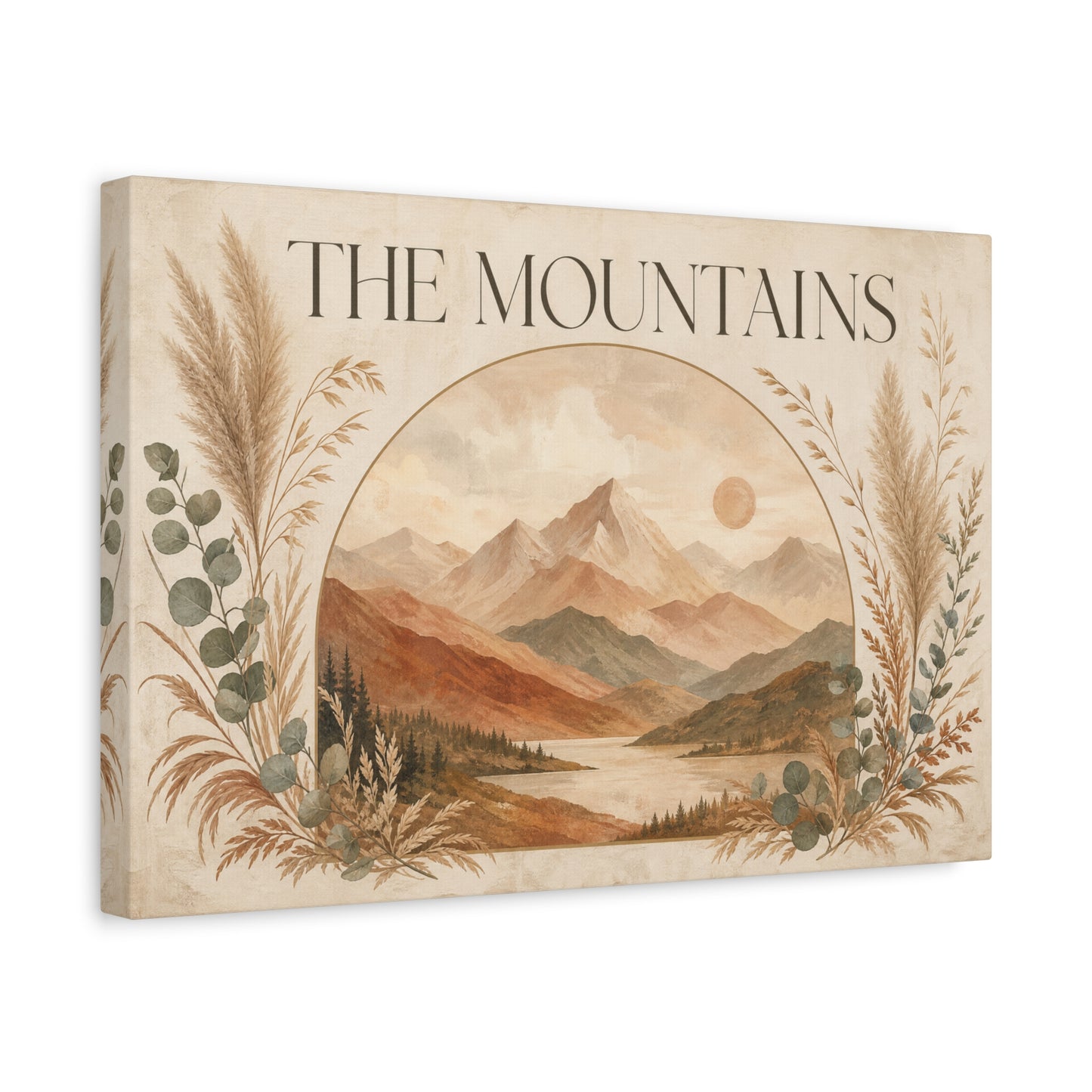 "The Mountains" Mountain Landscape Canvas Wall Art - Neutral Boho Nature Print, Desert Sun Lake Scene, Contemporary Rustic Style - Living Room Wall Decor, Bedroom Home Decoration - Ready to Hang