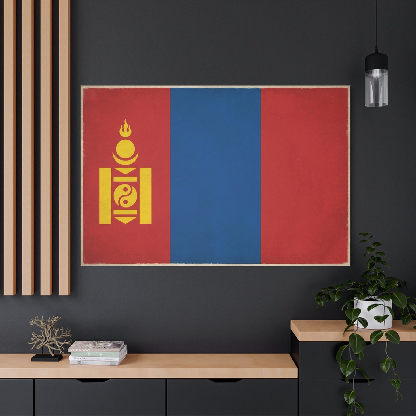 Mongolia Flag Canvas Wall Art - Vintage Mongolian Banner Print, Red Blue Soyombo Design - Patriotic Traditional Style - Living Room Wall Decor, Office Art - Bedroom Home Decoration - Ready to Hang