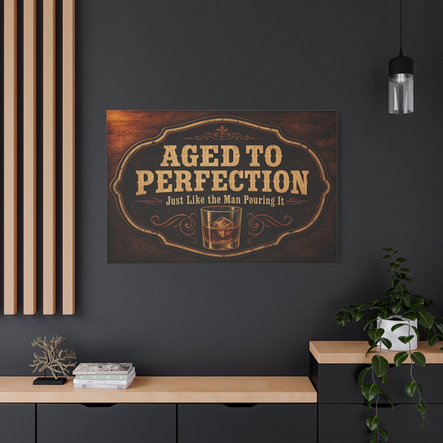 "Aged To Perfection Just Like The Man Pouring It" Whiskey Canvas Wall Art - Vintage Bar Quote Decor, Old Fashioned Glass Illustration - Office Wall Art - Ready to Hang - Cocktail Lounge Decor