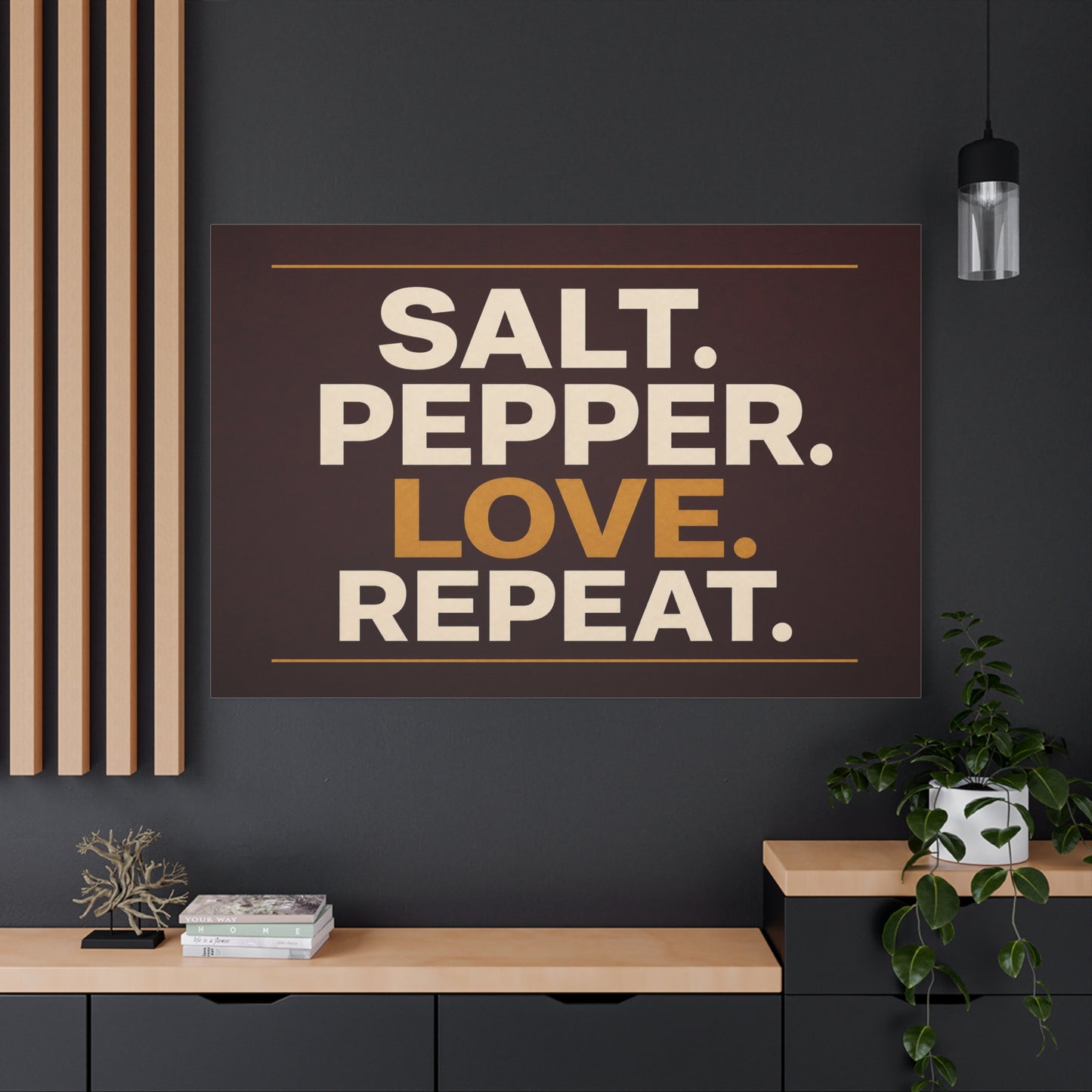 "Salt. Pepper. Love. Repeat." Typography Canvas Wall Art - Kitchen Quote Wall Decor, Modern Farmhouse Home Decoration, Brown And Gold Minimalist Canvas Print For Dining Room - Bedroom Home Decoration