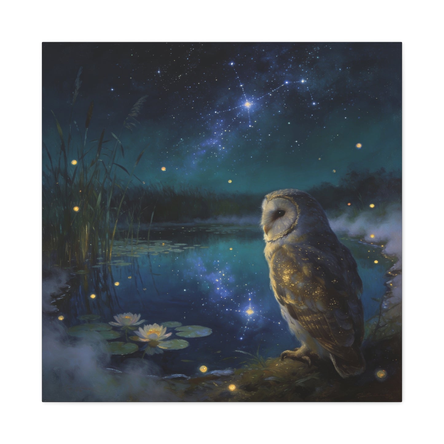 Barn Owl Canvas Wall Art - Moonlit Pond, Fireflies, Water Lilies, Starry Night Sky - Dreamy Wildlife Painting - Matte Finish Canvas Print - Bedroom Wall Decor, Nursery Accent - Bedroom Home Decoration
