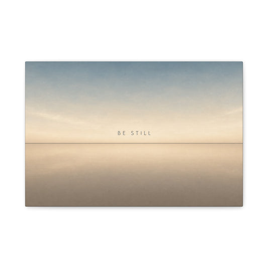 "Be Still" Minimalist Canvas Wall Art - Serene Horizon Typography Print, Neutral Blue Beige Coastal Style - Bedroom Wall Decor, Meditation Space Home Decoration - Ready to Hang - Cozy Reading Nook Art
