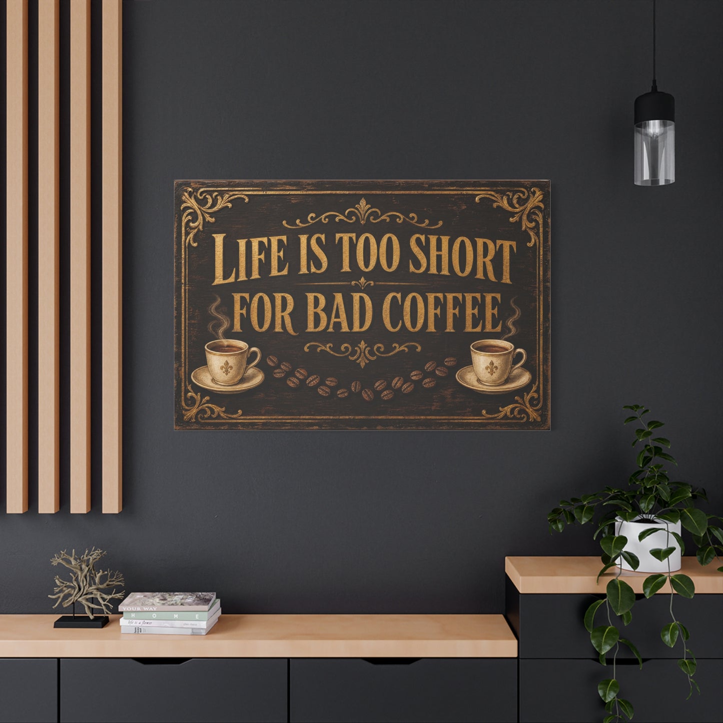 "Life Is Too Short For Bad Coffee" Canvas Wall Art - Vintage Coffee Quote Decor, Rustic Brown Typography Print, Farmhouse Cafe Wall Hanging - Ready to Hang - Bistro Decor - Espresso Bar Sign