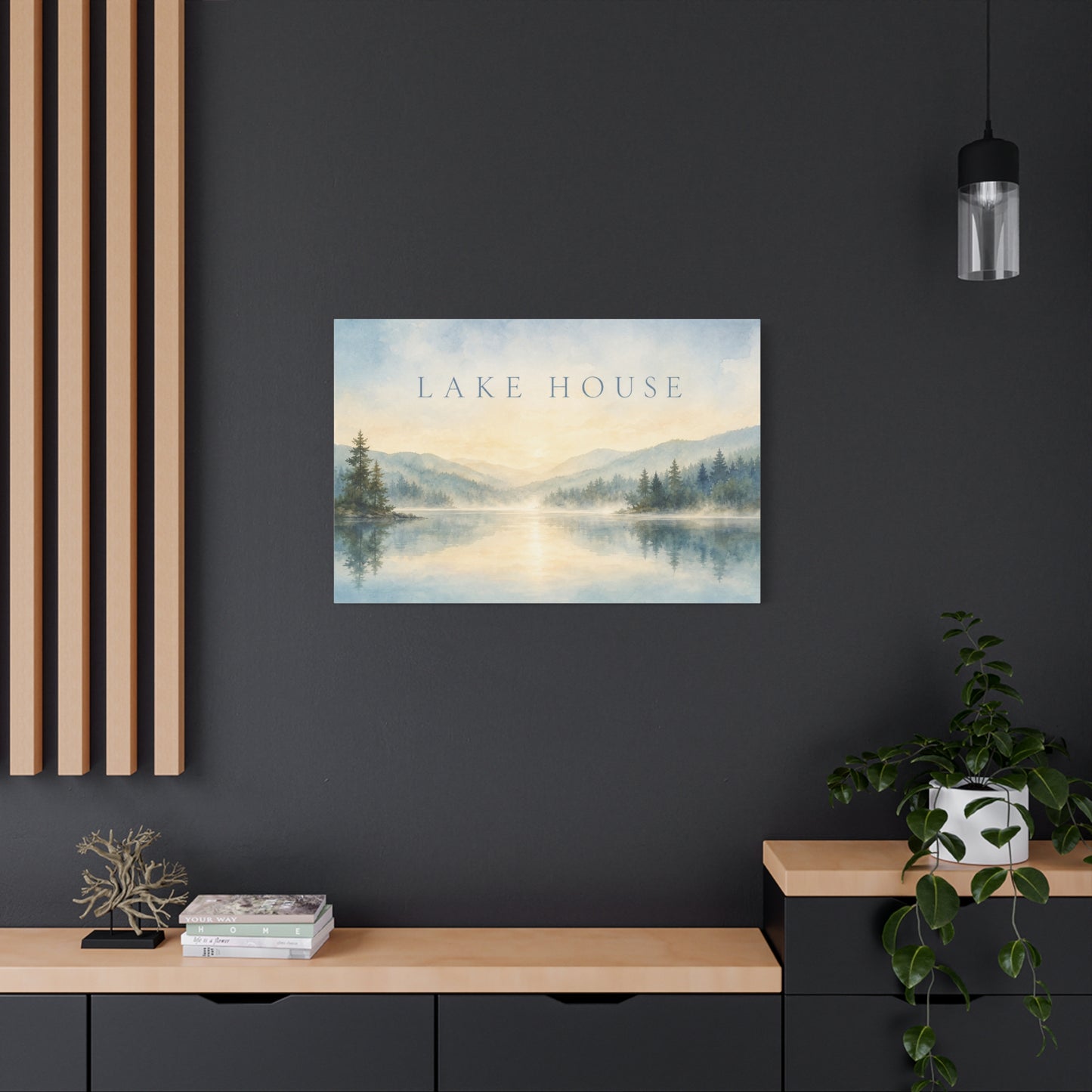 "Lake House" Canvas Wall Art - Misty Mountain Watercolor Landscape Print, Serene Cabin Decor, Rustic Retreat Wall Hanging, Bedroom Home Decoration, Entryway Accent, Vacation Rental Style