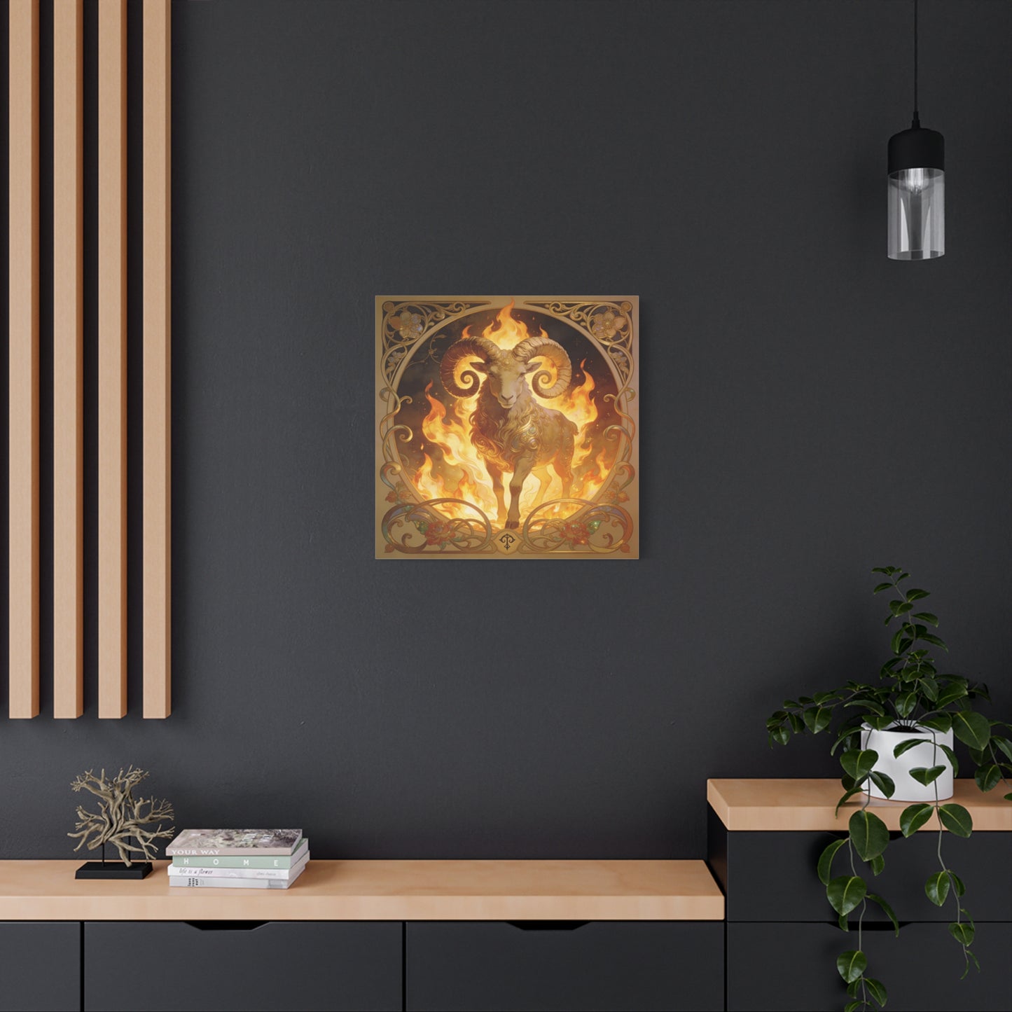 Aries Ram Canvas Wall Art - Fiery Zodiac Illustration, Ornate Gold Nouveau Design - Matte Cotton Art Print - Bohemian Astrology Decor, Bedroom Home Decoration, Office Wall Art - Modern Farmhouse Style