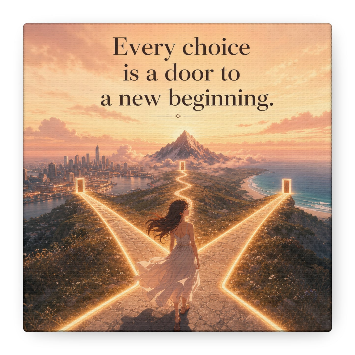 "Every Choice Is A Door To A New Beginning." Inspirational Canvas Wall Art - Woman At Glowing Crossroads Path, Mountain And Coast Dreamscape - Modern Typography Decor For Bedroom Office