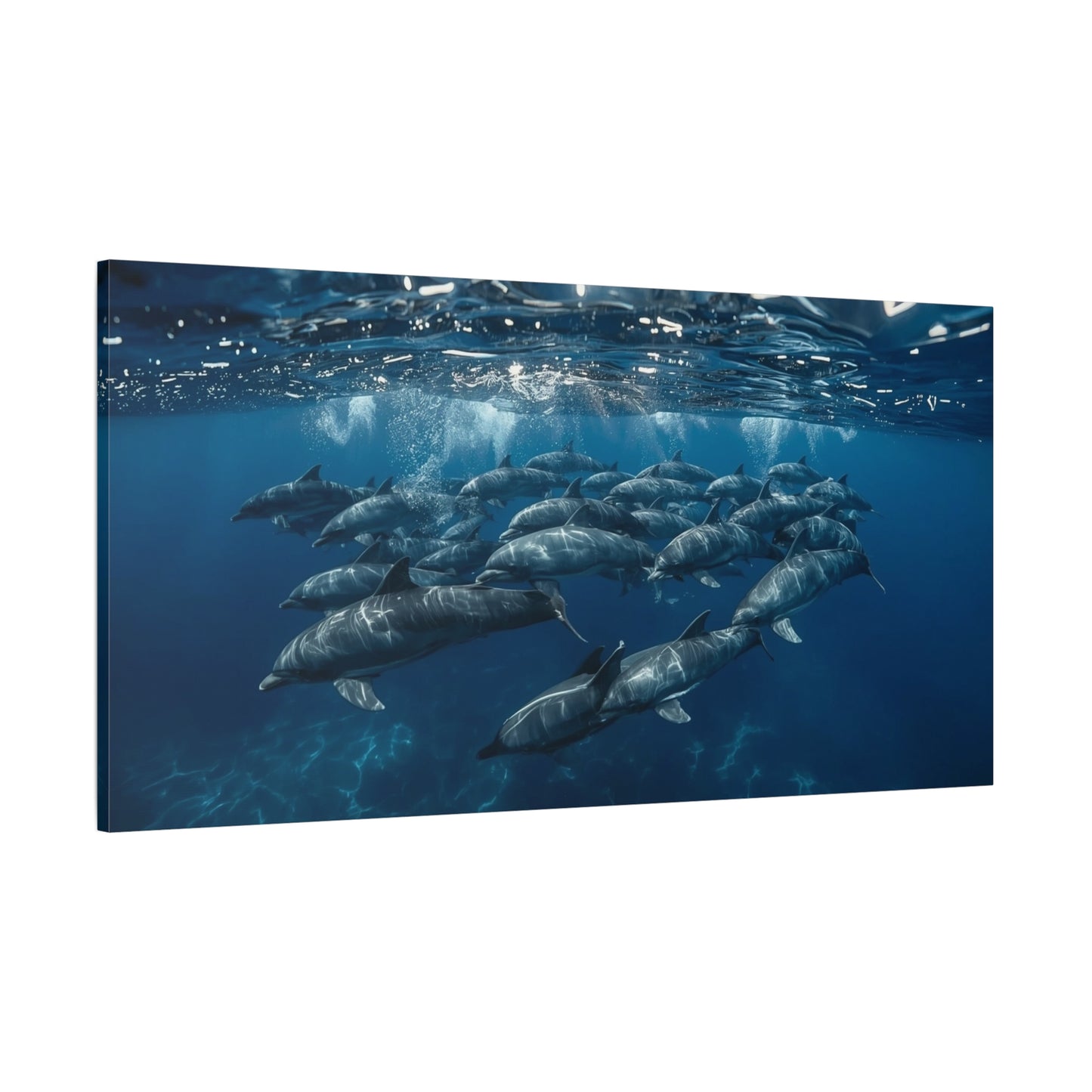 Dolphin Pod Canvas Wall Art - Underwater Ocean Art Print, Blue Marine Wildlife Decor - Matte Coastal Style - Living Room Wall Decor, Bedroom Home Decoration - Bedroom Home Decoration