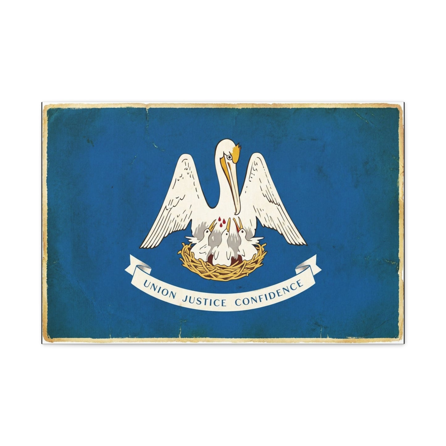 "Union Justice Confidence" Louisiana State Flag Canvas Wall Art - Vintage Pelican Crest Print, Distressed Blue Banner, Patriotic Traditional Decor - Living Room Office Wall Decor - Ready to Hang