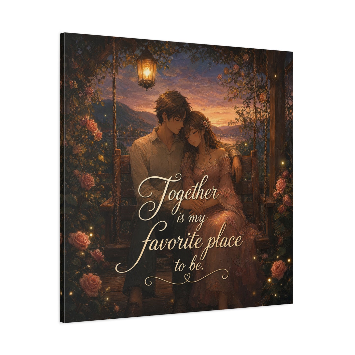 "Together Is My Favorite Place To Be" Romantic Couple Canvas Wall Art - Lantern Swing Sunset Lake Scene, Floral Garden Love Quote Print - Vintage Bedroom Decor - Office Wall Art - Ready to Hang