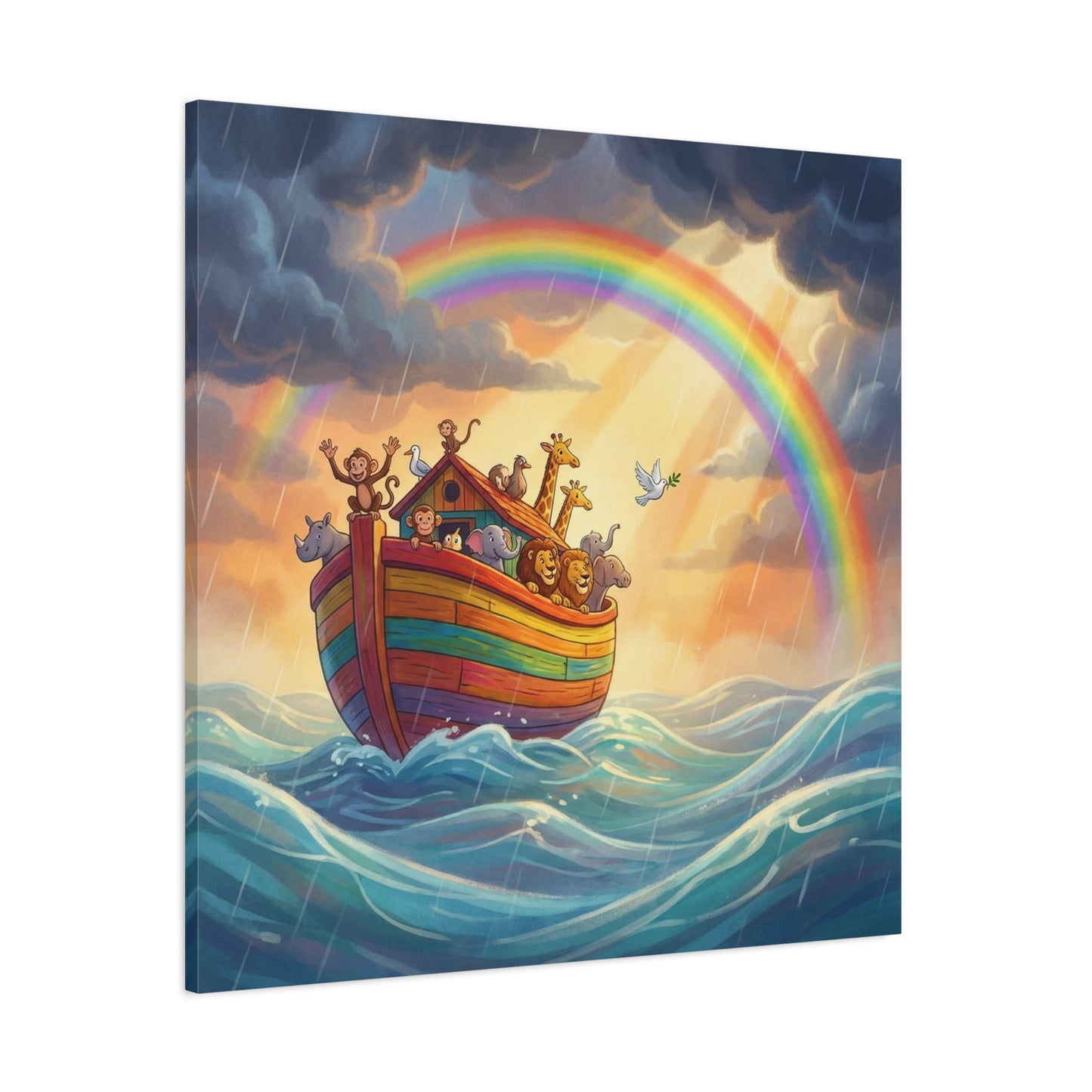 Noahs Ark Canvas Wall Art - Rainbow Animal Boat Nursery Decor - Cotton Canvas Print, Kids Bedroom Home Decoration, Playroom Wall Hanging, Biblical Story Illustration, Classroom Accent - Ready to Hang