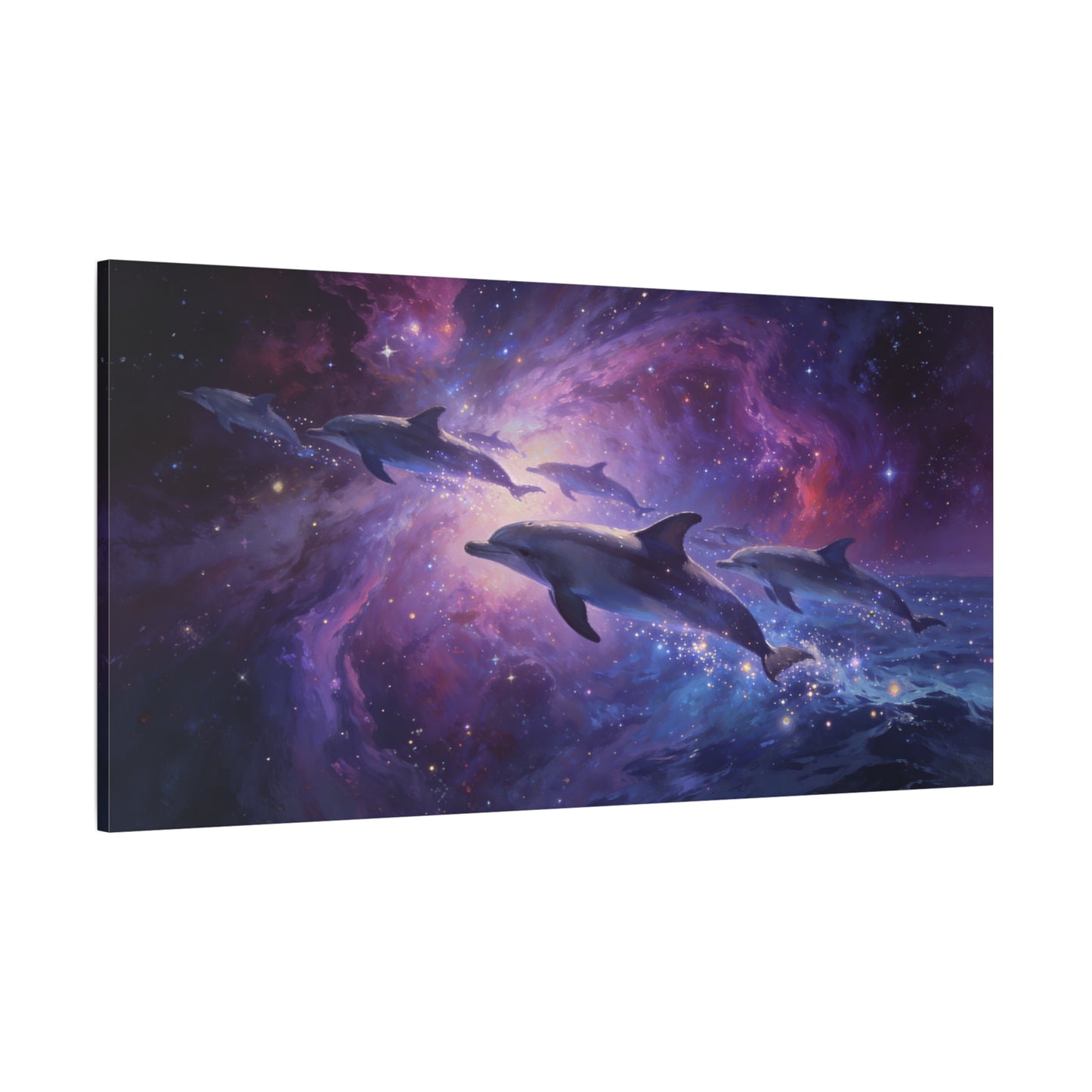 Cosmic Dolphin Canvas Wall Art - Celestial Ocean Galaxy Painting, Zebra Print Wallpaper Inspired Purple Blue Space Scene - Matte Canvas Print - Bedroom Living Room Decor - Living Room Wall Decor