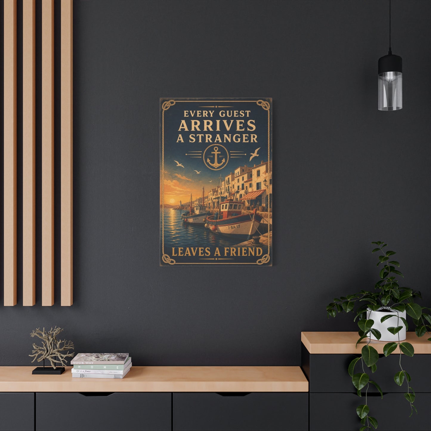 "Every Guest Arrives A Stranger Leaves A Friend" Nautical Canvas Wall Art - Vintage Harbor Sunset, Coastal Typography Print, Anchor Sailor Decor, Living Room Wall Decor - Bedroom Home Decoration