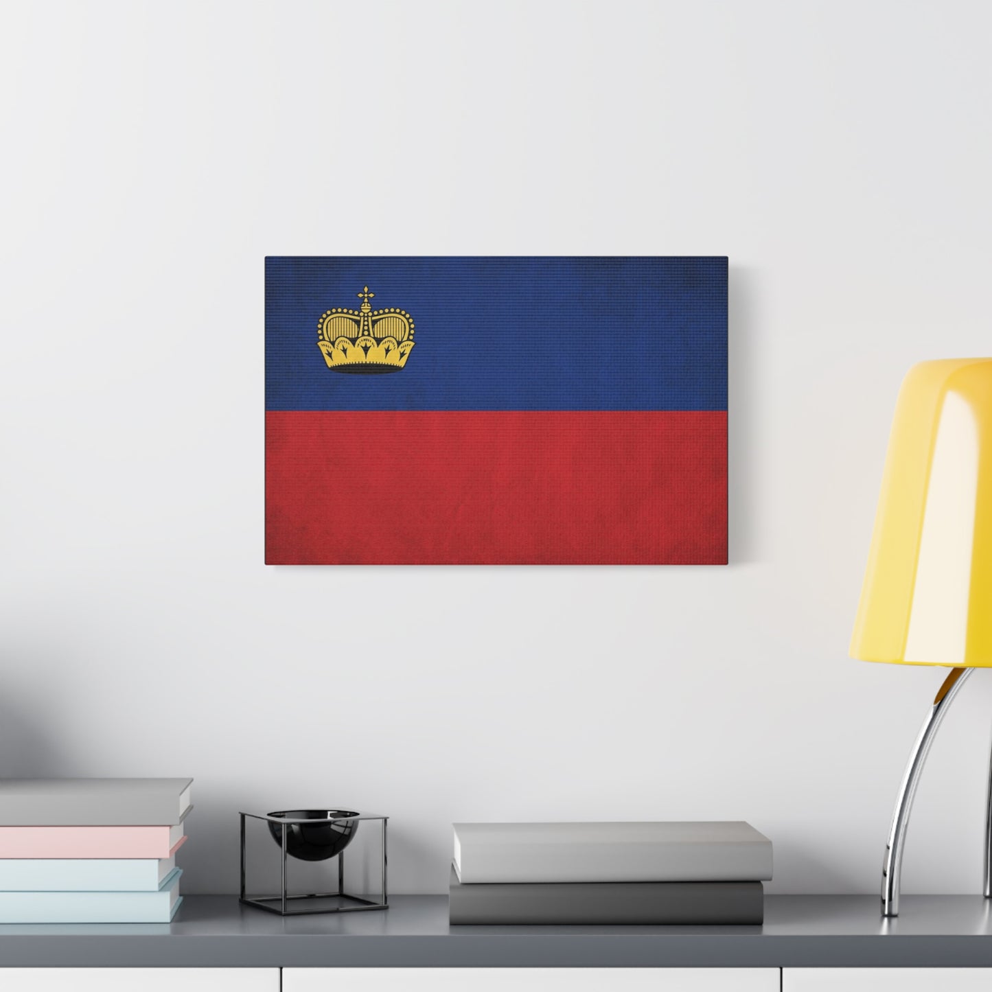 Liechtenstein Flag Canvas Wall Art - Blue Red Banner With Gold Crown - Minimalist National Print, Cotton Canvas Decor - Living Room Wall Decor, Bedroom Home Decoration - Bedroom Home Decoration