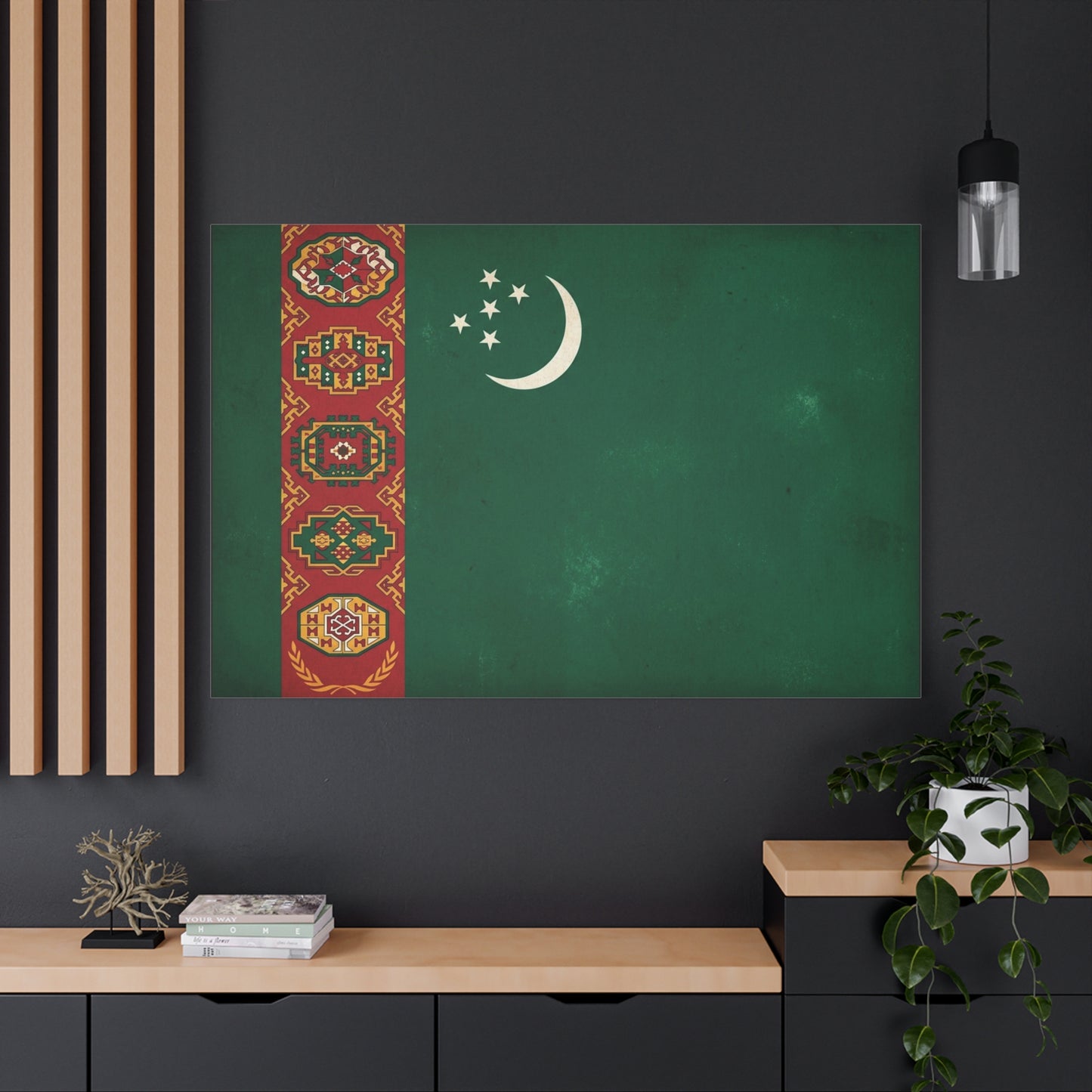 Turkmenistan Flag Canvas Wall Art - Vintage Nation Banner Print, Green Crescent Stars, Heritage Decor - Traditional Style - Living Room Wall Decor, Bedroom Home Decoration - Bedroom Home Decoration