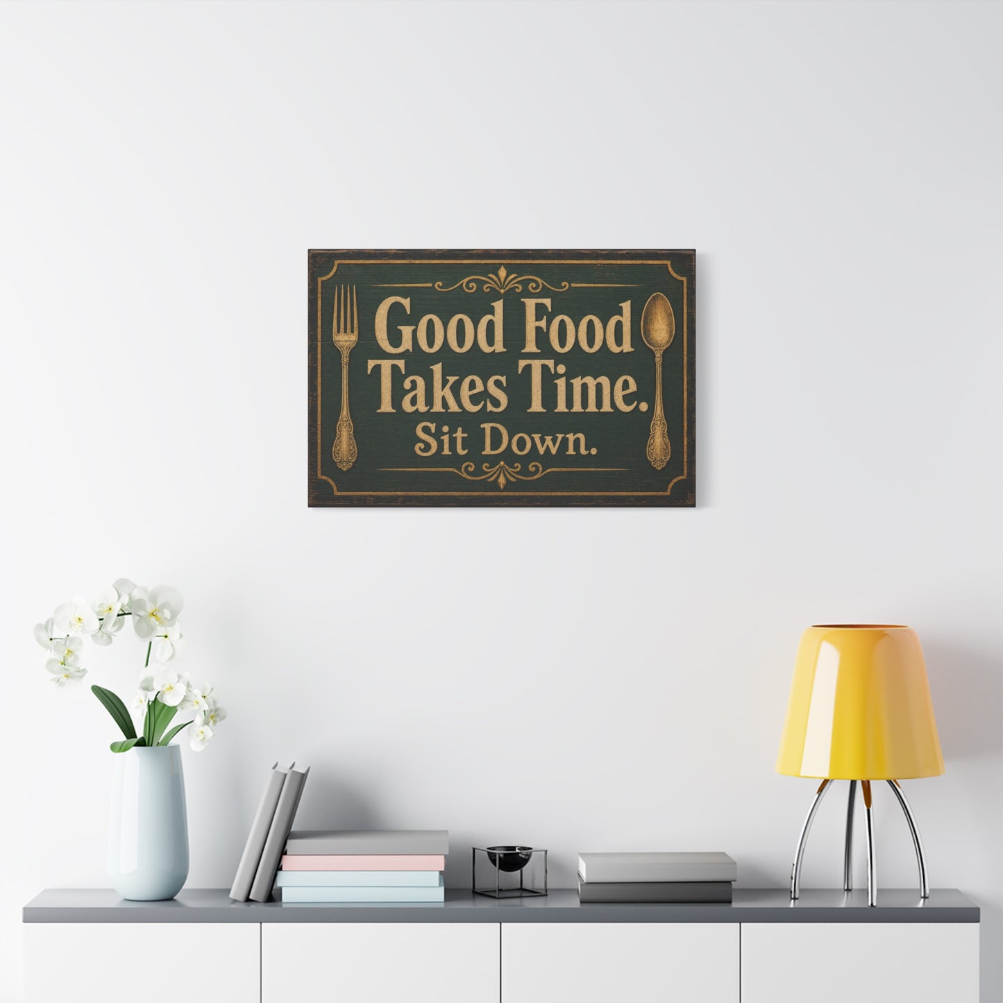 "Good Food Takes Time. Sit Down." Canvas Wall Art - Vintage Typography Decor - Rustic Farmhouse, Restaurant Wall Hanging - Modern Farmhouse Style - Ready to Hang - Bistro Sign Decor - HP Latex Print