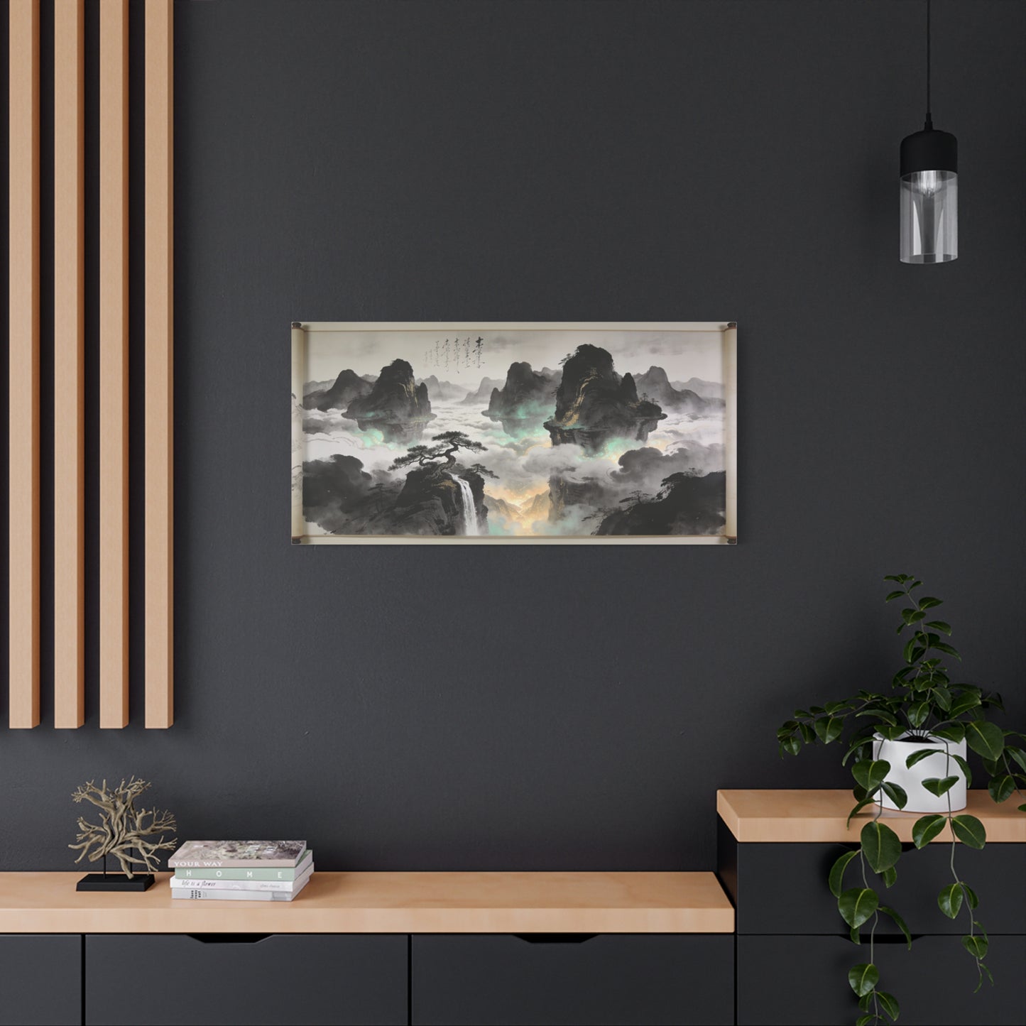 Chinese Ink Landscape Canvas Wall Art - Misty Mountain Scroll Painting, Cloud Sea Waterfall, Calligraphy Detail - Contemporary Zen Style - Living Room Wall Decor, Bedroom Home Accent - Ready to Hang