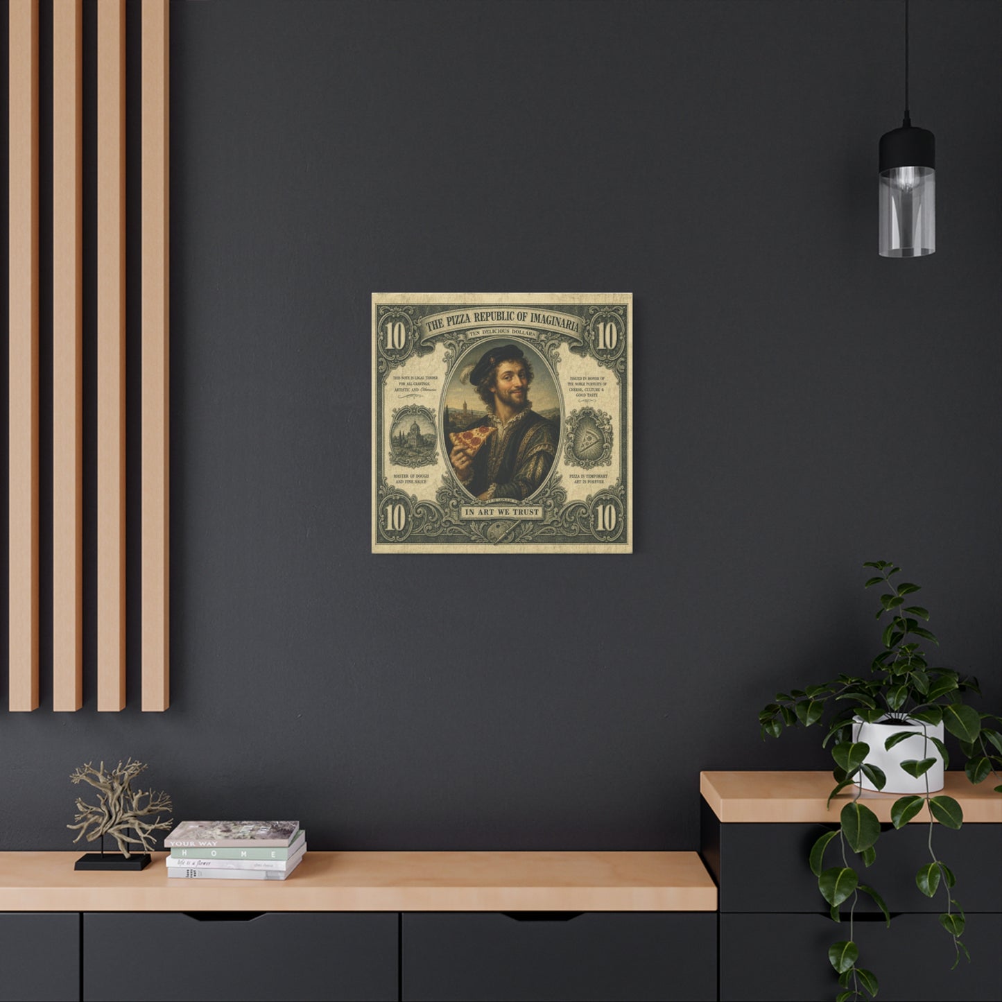 "The Pizza Republic Of Imaginaria" Canvas Wall Art - Vintage Typography Portrait Print, Renaissance Pizza Note Design, Eclectic Office Wall Decor, Cafe Wall Art, Humor Canvas - Reception Area Decor