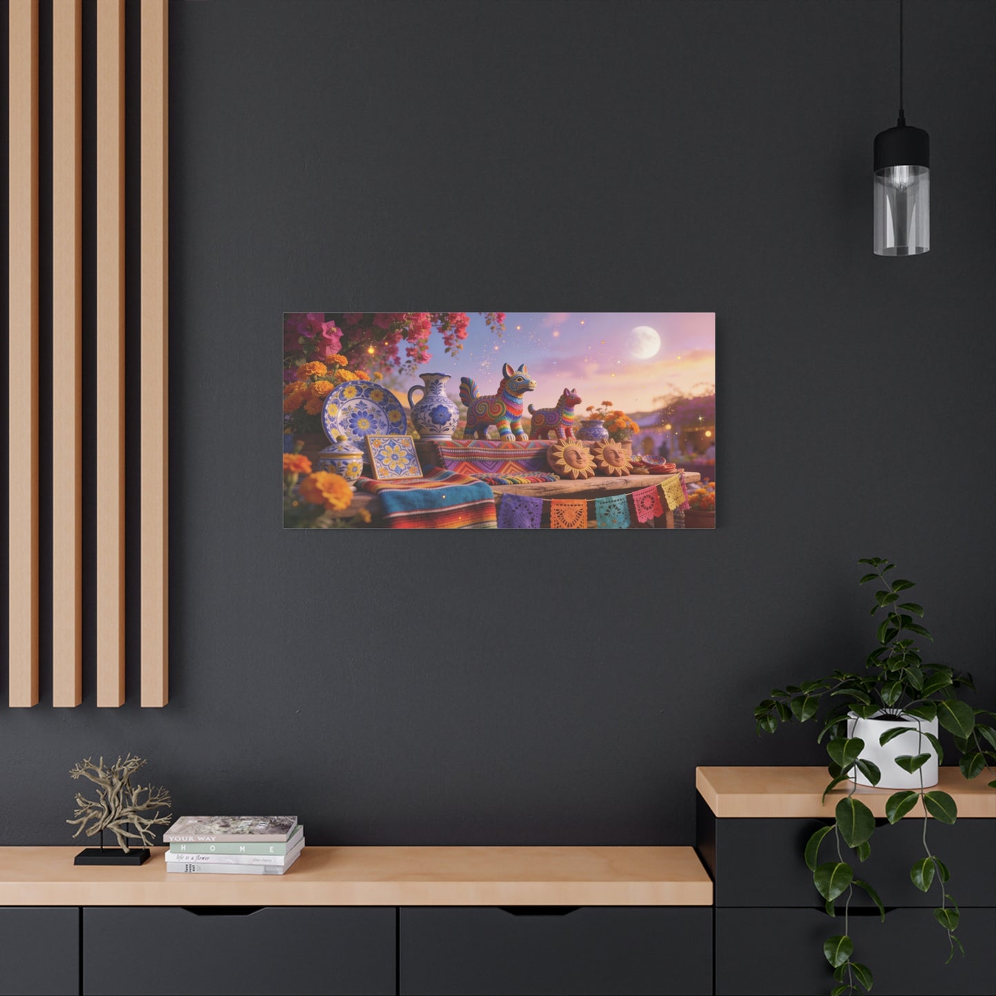 Talavera Pottery Folk Art Canvas Wall Art - Colorful Mexican Table Still Life, Moonlit Fiesta Decor - Matte Cotton Print - Bohemian Living Room Wall Decor, Dining Room Accent - Bedroom Home Decoration