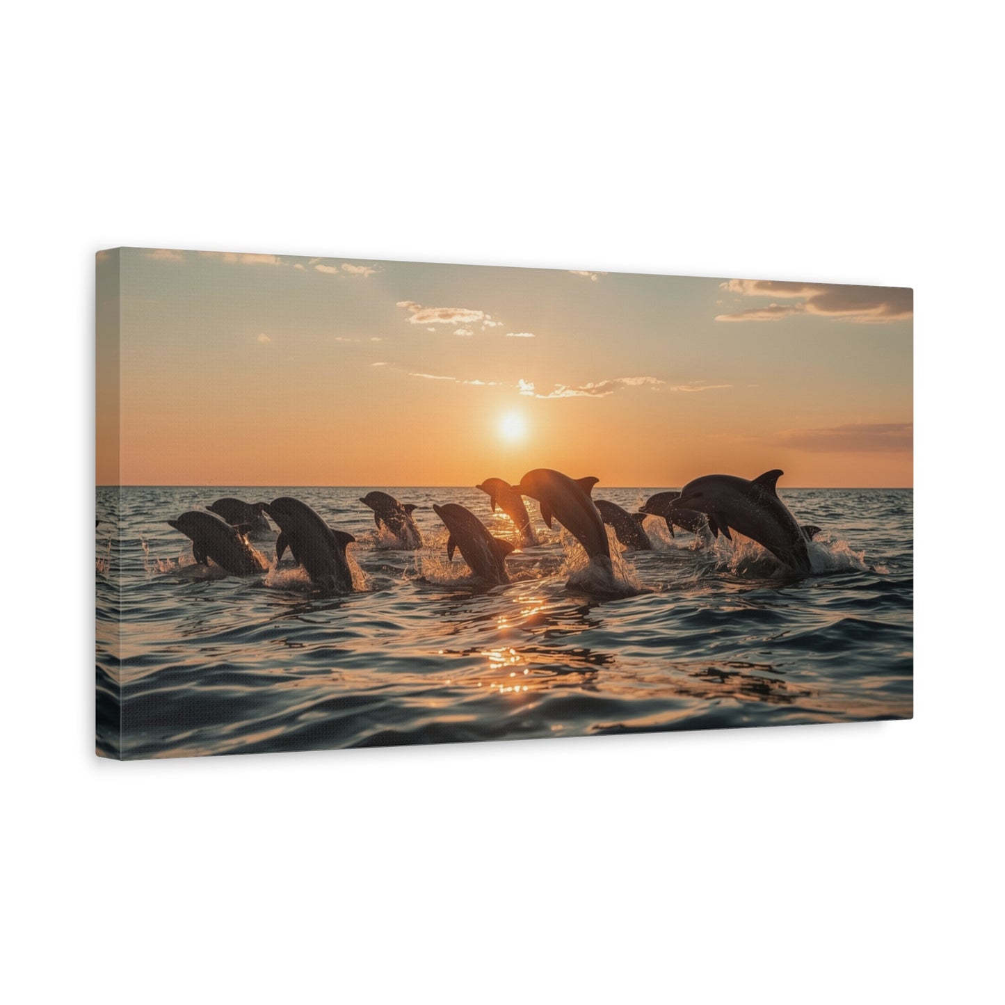 Dolphin Sunset Canvas Wall Art - Ocean Wildlife Art Print, Golden Seascape, Coastal Living Room Wall Decor, Bedroom Home Decoration, Ready to Hang Matte Canvas - Bedroom Home Decoration