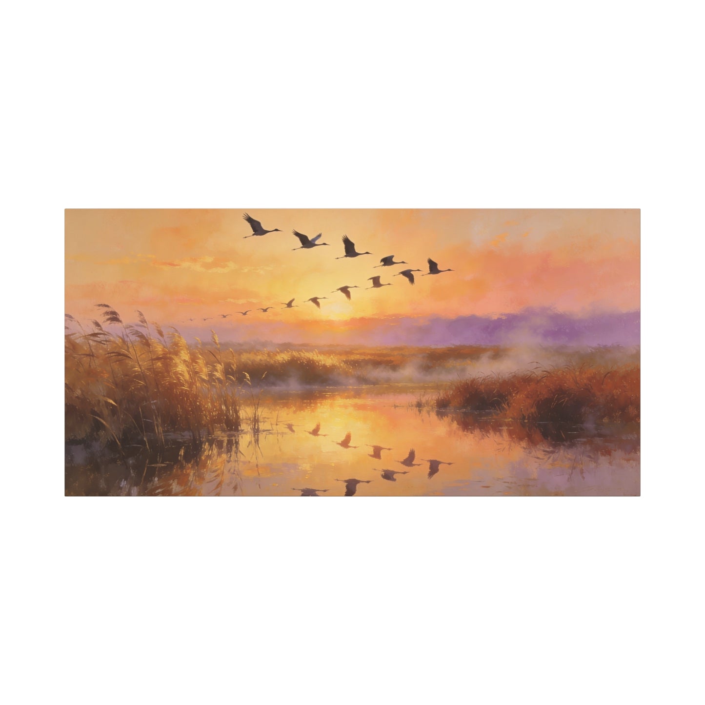 Flying Cranes Sunset Canvas Wall Art - Marsh Landscape Bird Painting, Golden Reeds Reflection, Matte Canvas Print - Traditional Style - Living Room Wall Decor Bedroom Decoration - Ready to Hang