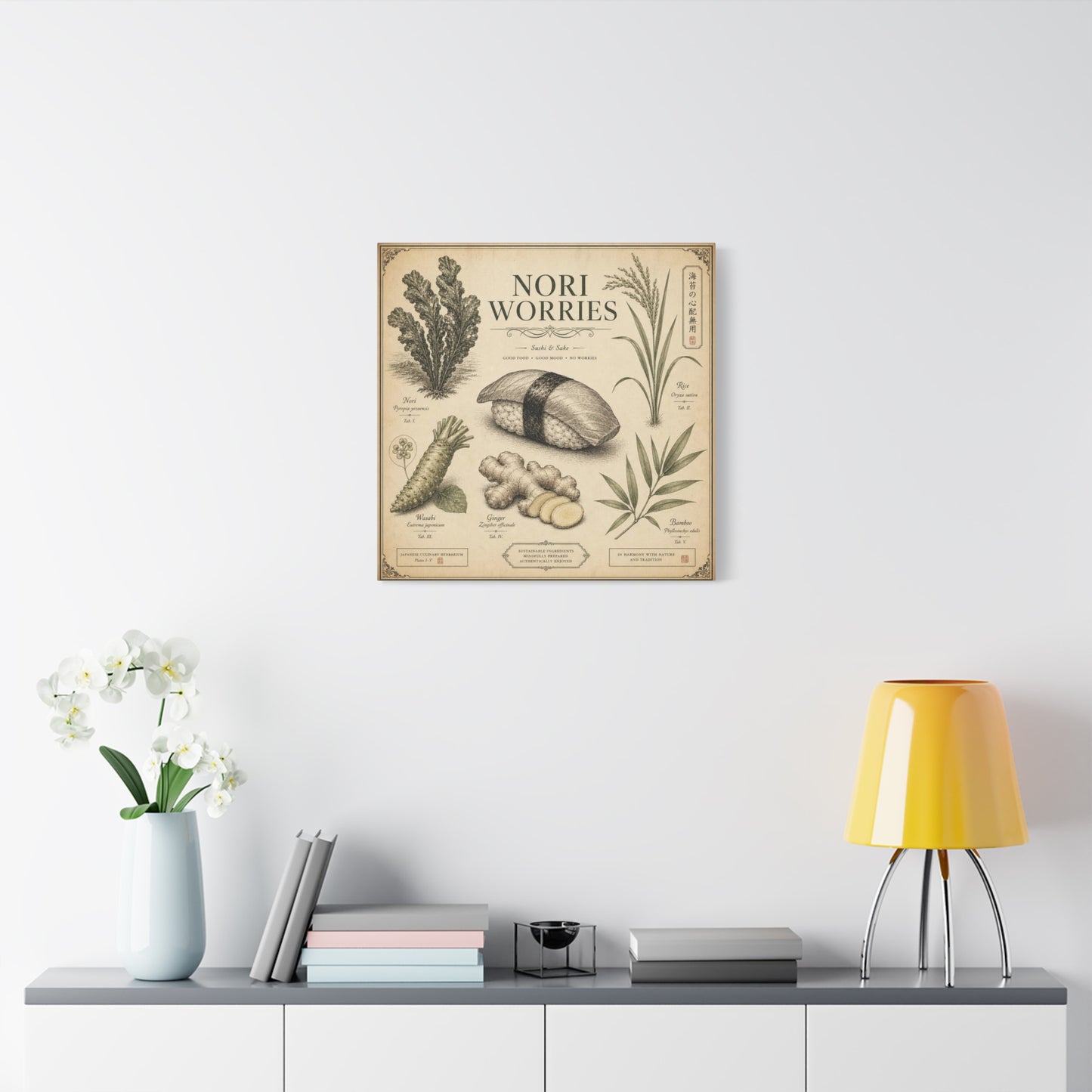 "Nori Worries" Sushi And Sake Canvas Wall Art - Vintage Japanese Culinary Herbarium Print, Rice Nori Wasabi Ginger Bamboo Illustration - Kitchen Wall Decor, Dining Room Accent - Modern Farmhouse Style