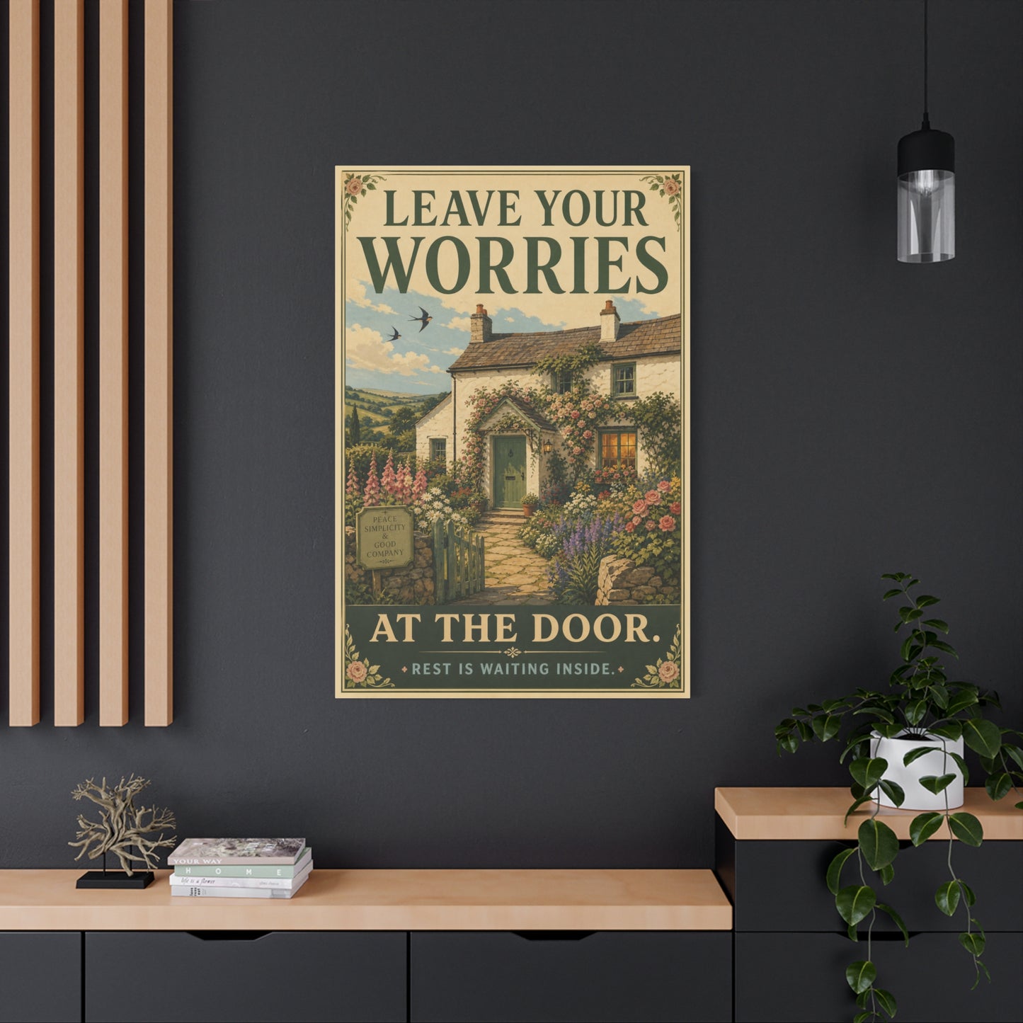 "Leave Your Worries At The Door. Rest Is Waiting Inside." Canvas Wall Art - Vintage Cottage Garden Quote Print, Floral Farmhouse Style, Bedroom Home Decoration, Entryway Decor - Living Room Wall Decor