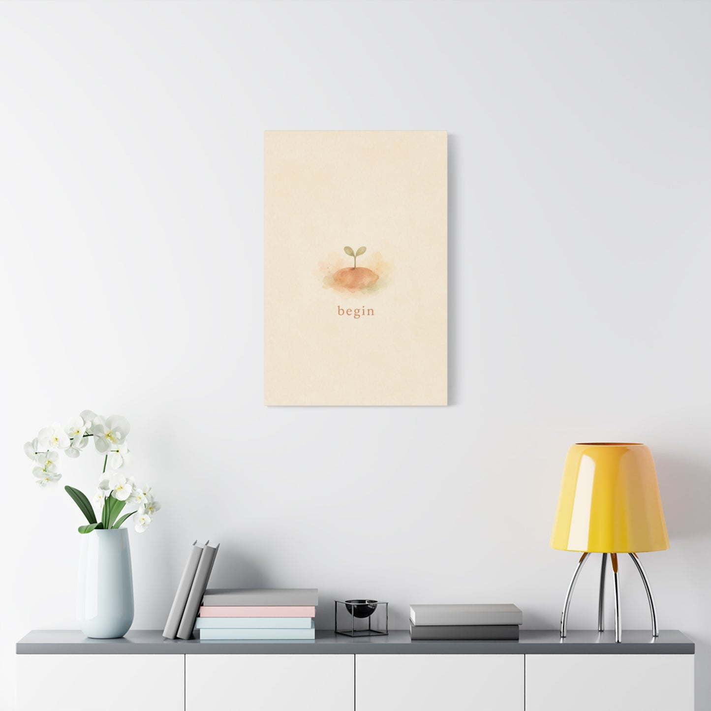 "Begin" Minimalist Sprout Canvas Wall Art - Inspirational Typography Print, Soft Beige Botanical Watercolor - Contemporary Neutral Decor For Bedroom, Nursery, Home Office, Meditation Space