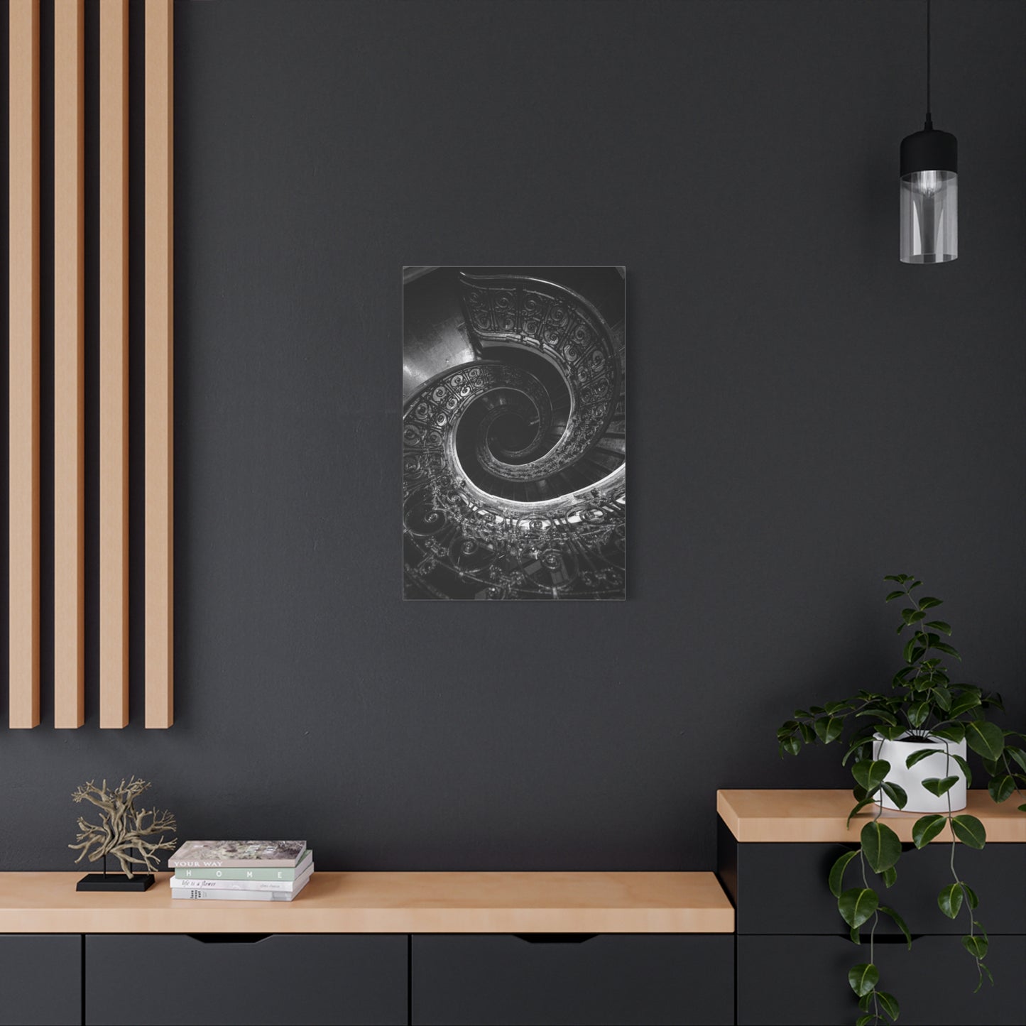 Black And White Spiral Staircase Canvas Wall Art - Architectural Art Print, Moody Monochrome Interior, Modern Minimalist Style - Office Wall Decor, Living Room Accent - Bedroom Home Decoration