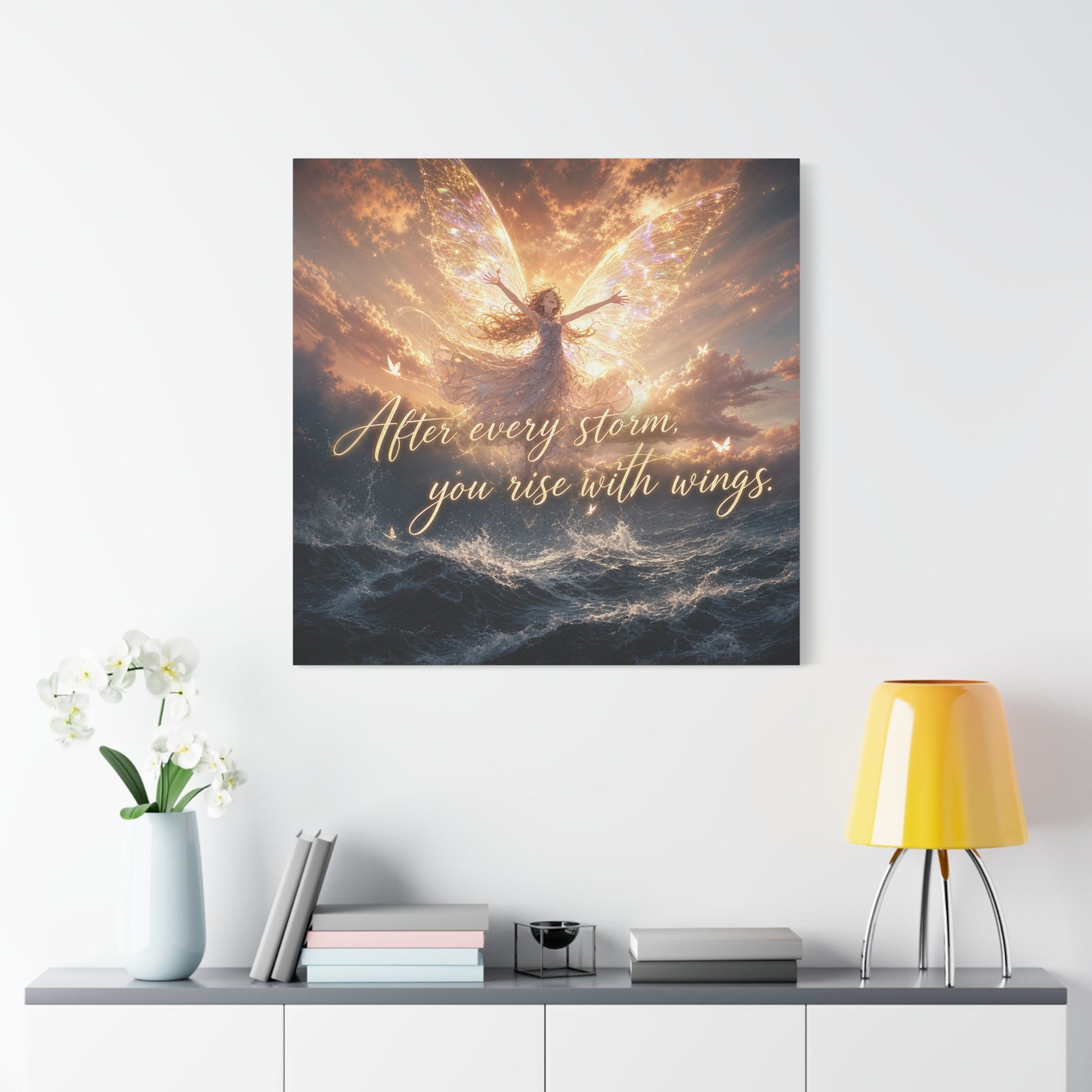 "After Every Storm, You Rise With Wings." Fairy Canvas Wall Art - Inspirational Ocean Sky Quote Print - Golden Ethereal Fantasy Decor - Bedroom Wall Hanging, Living Room Accent - Ready to Hang