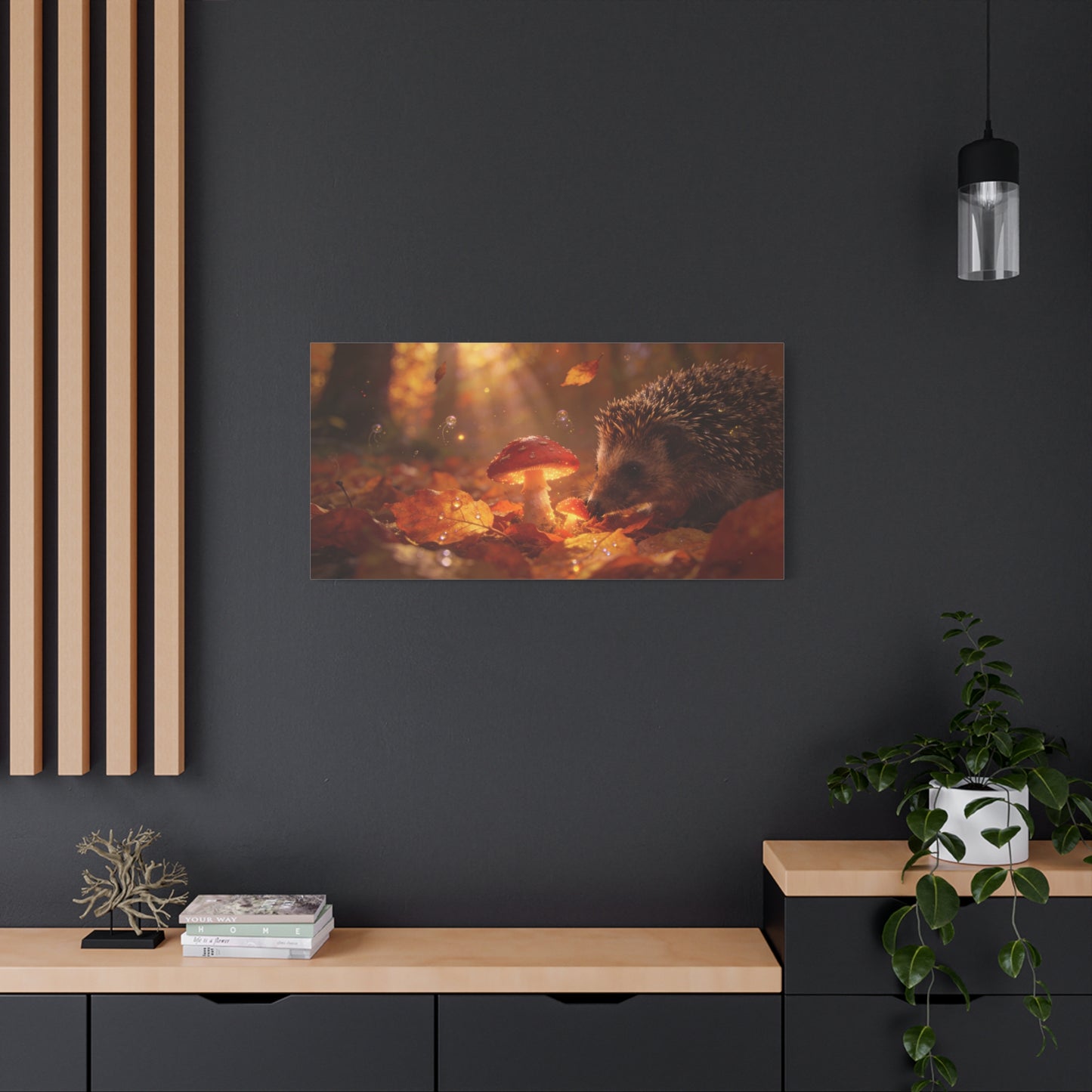 Hedgehog Mushroom Canvas Wall Art - Autumn Forest Wildlife Canvas Print, Glowing Red Toadstool, Warm Golden Light, Whimsical Nature Decor, Living Room Wall Decor, Bedroom Accent - Ready to Hang