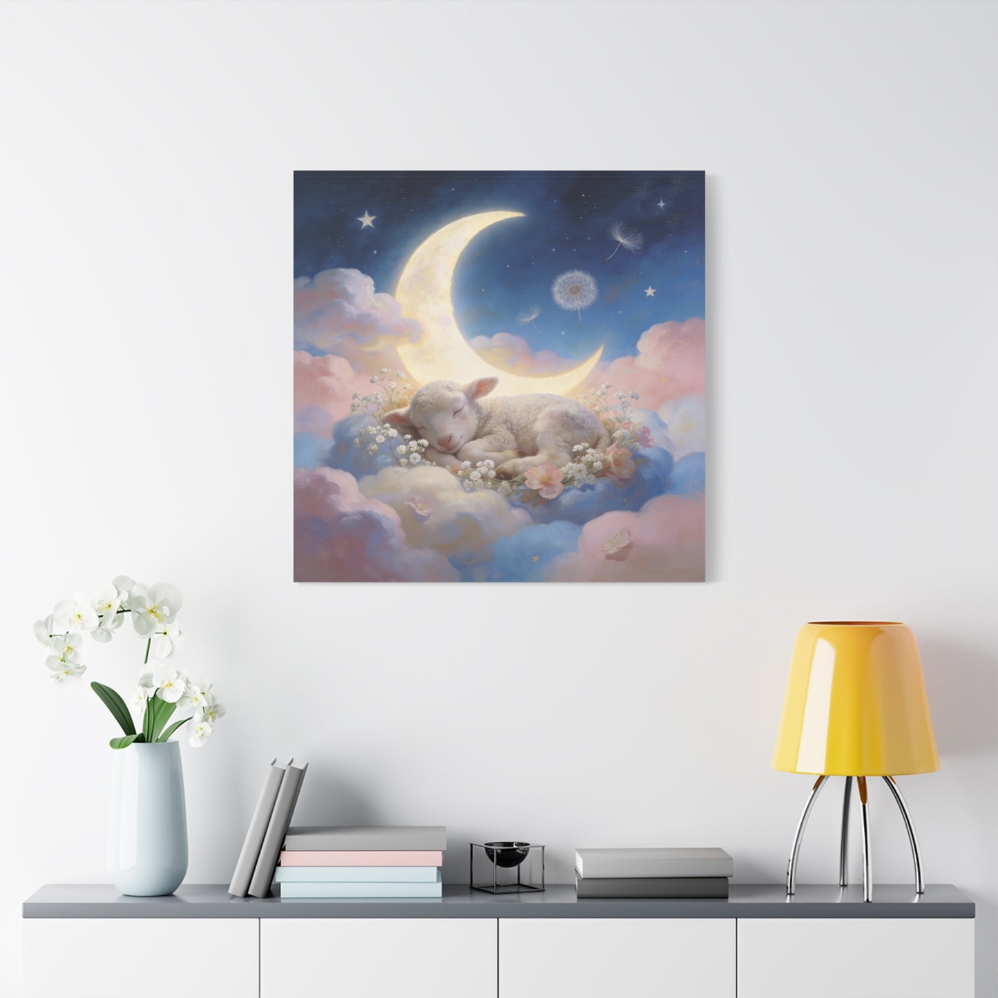 Sleeping Lamb Canvas Wall Art - Crescent Moon, Stars, Pink Clouds Nursery Decor - Dreamy Pastel Canvas Print - Whimsical Storybook Style - Bedroom Home Decoration, Kids Room Accent - Office Wall Art