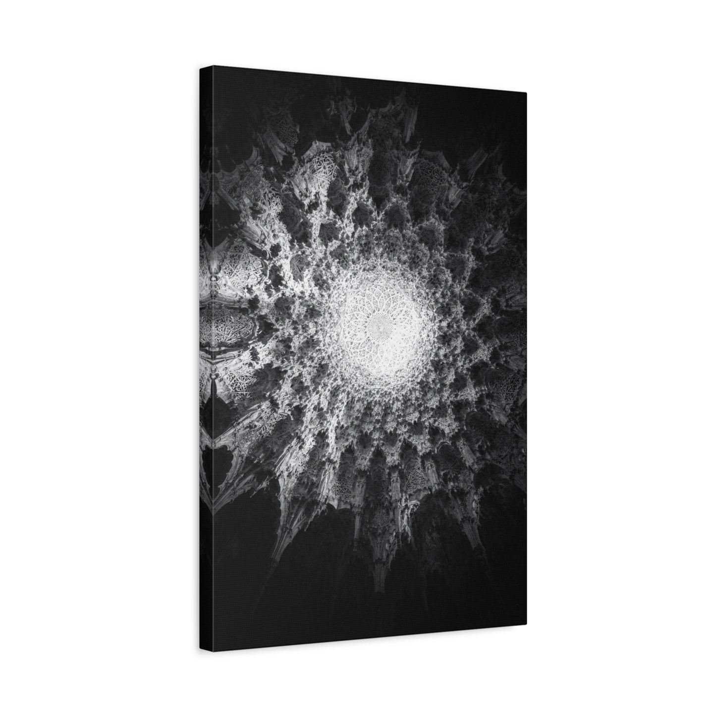 Abstract Black White Canvas Wall Art - Monochrome Fractal Mandala Design, Architectural Spiral Light - Matte Cotton Art Print - Contemporary Decor For Living Room, Bedroom, Office Accent
