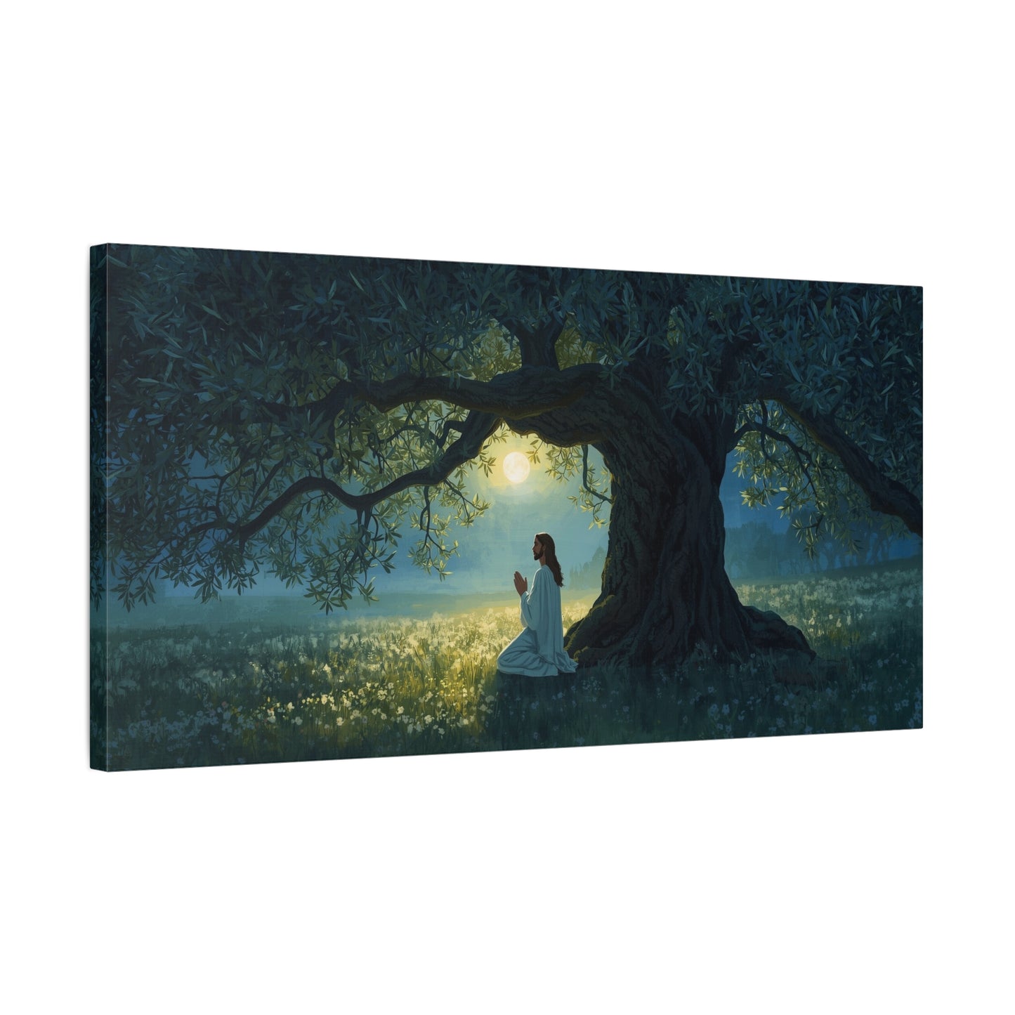 Jesus Praying In Gethsemane Canvas Wall Art - Moonlit Olive Tree Scene, Christian Wall Decor - Matte Cotton Print - Traditional Religious Style For Living Room Bedroom Office - Bedroom Home Decoration