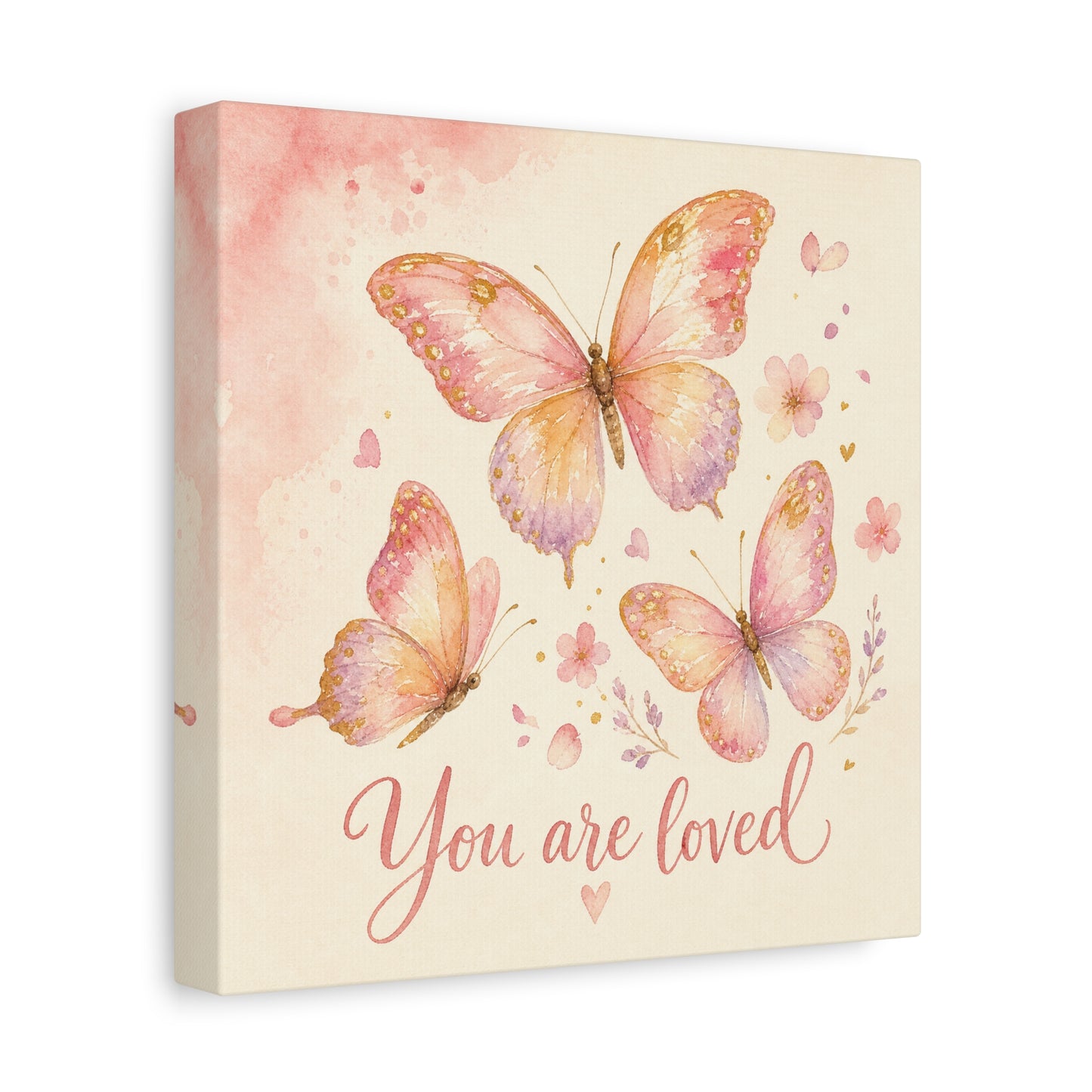 "You Are Loved" Butterfly Canvas Wall Art - Pink Watercolor Butterflies, Inspirational Nursery Decor - Soft Pastel Floral Home Decoration - Bedroom Wall Hanging, Baby Girl Room Accent - Ready to Hang