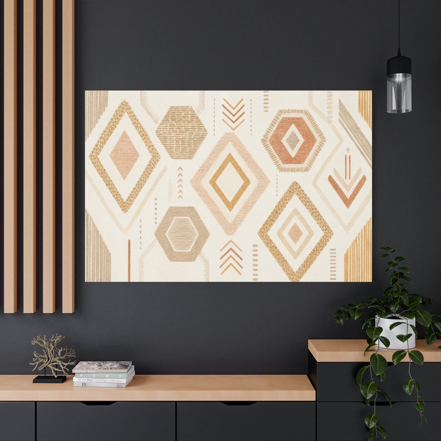 Neutral Geometric Canvas Wall Art - Boho Diamond And Hexagon Abstract Pattern - Beige Terracotta Modern Decor - Minimalist Living Room Decoration, Bedroom Accent, Contemporary Office Style
