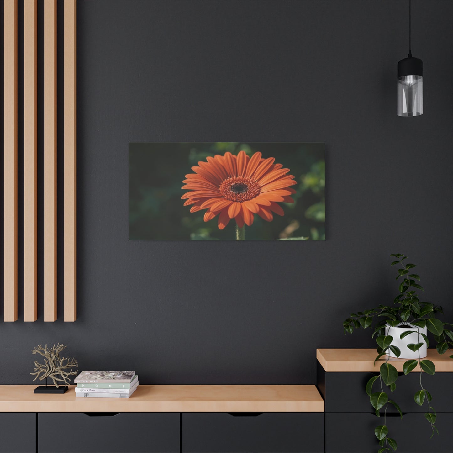 Orange Gerbera Daisy Canvas Wall Art - Botanical Floral Art Print, Dark Green Background - Matte Cotton Decor - Bedroom Wall Hanging, Living Room Home Accent - Bedroom Home Decoration