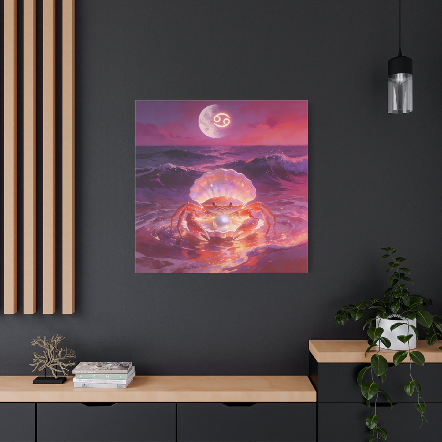 Cancer Zodiac Crab Canvas Wall Art - Moonlit Ocean Pearl Illustration, Pink Purple Seascape - Surreal Coastal Style - Living Room Wall Decor, Bedroom Home Decoration - Bedroom Home Decoration