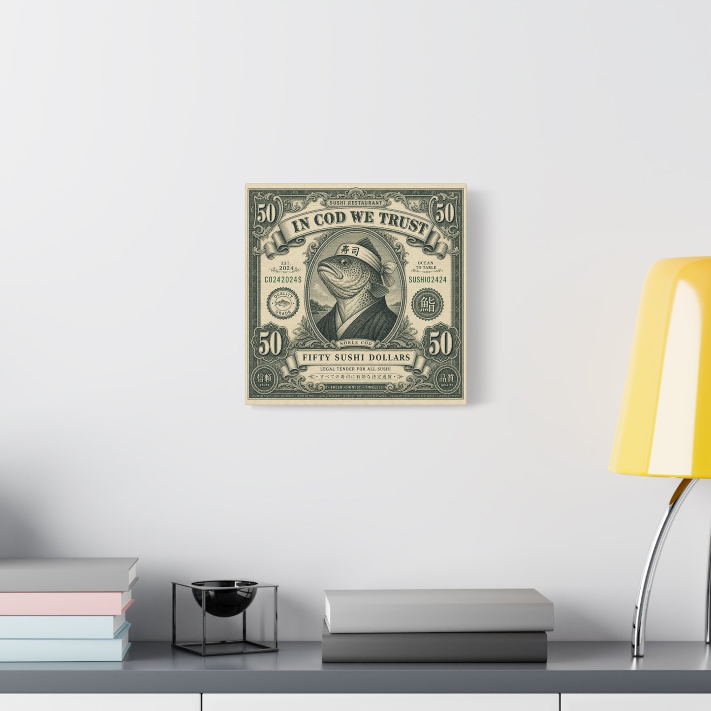 "In Cod We Trust" Sushi Restaurant Canvas Wall Art - Vintage Money Bill Fish Illustration, Typography Poster Style, Cotton Canvas Print, Cafe Decor, Dining Room Accent, Office Art - Ready to Hang