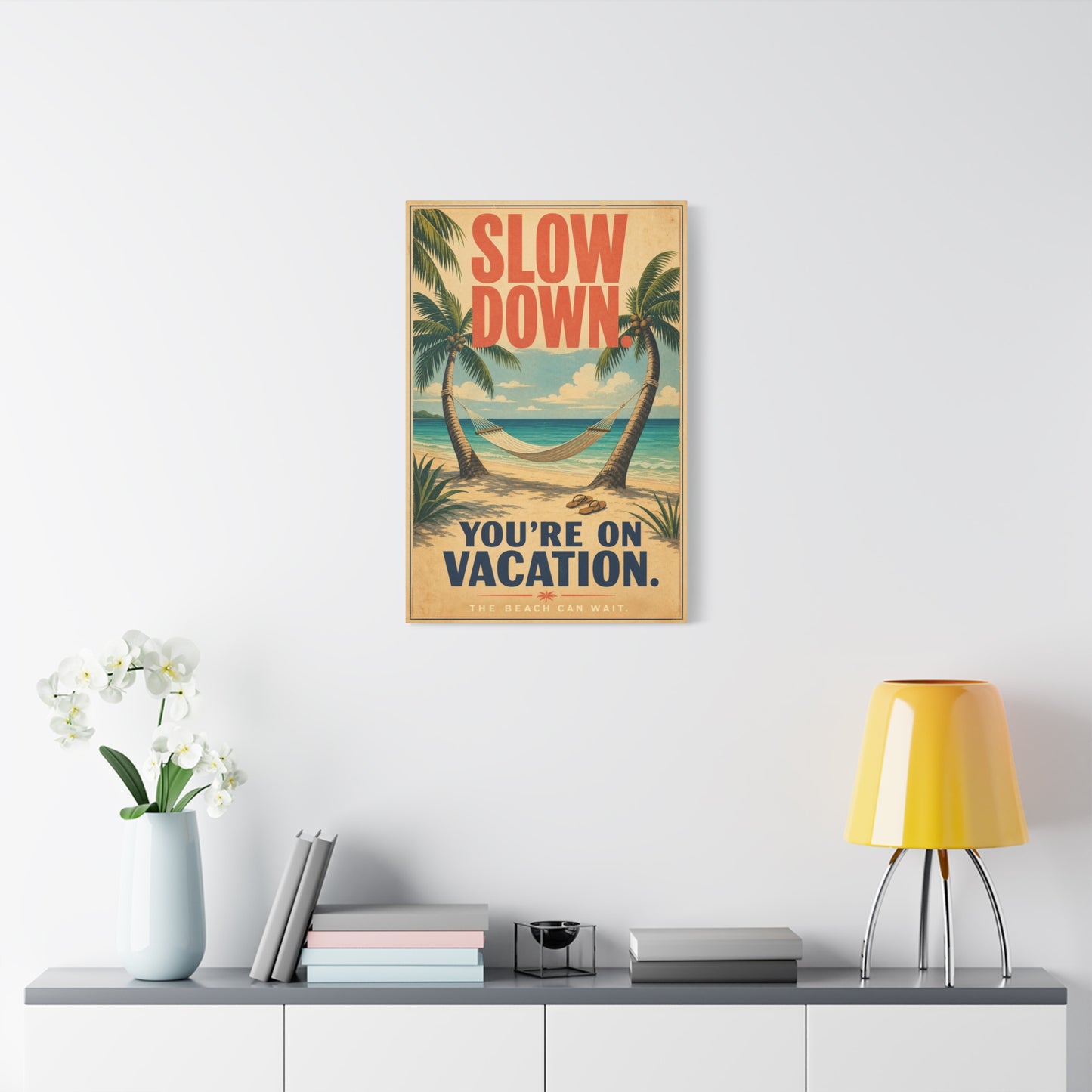 "Slow Down. You're On Vacation. The Beach Can Wait." Beach Canvas Wall Art - Tropical Palm Hammock Coastal Print - Vintage Typography Style - Bedroom Wall Decor, Vacation Rental Accent - Ready to Hang