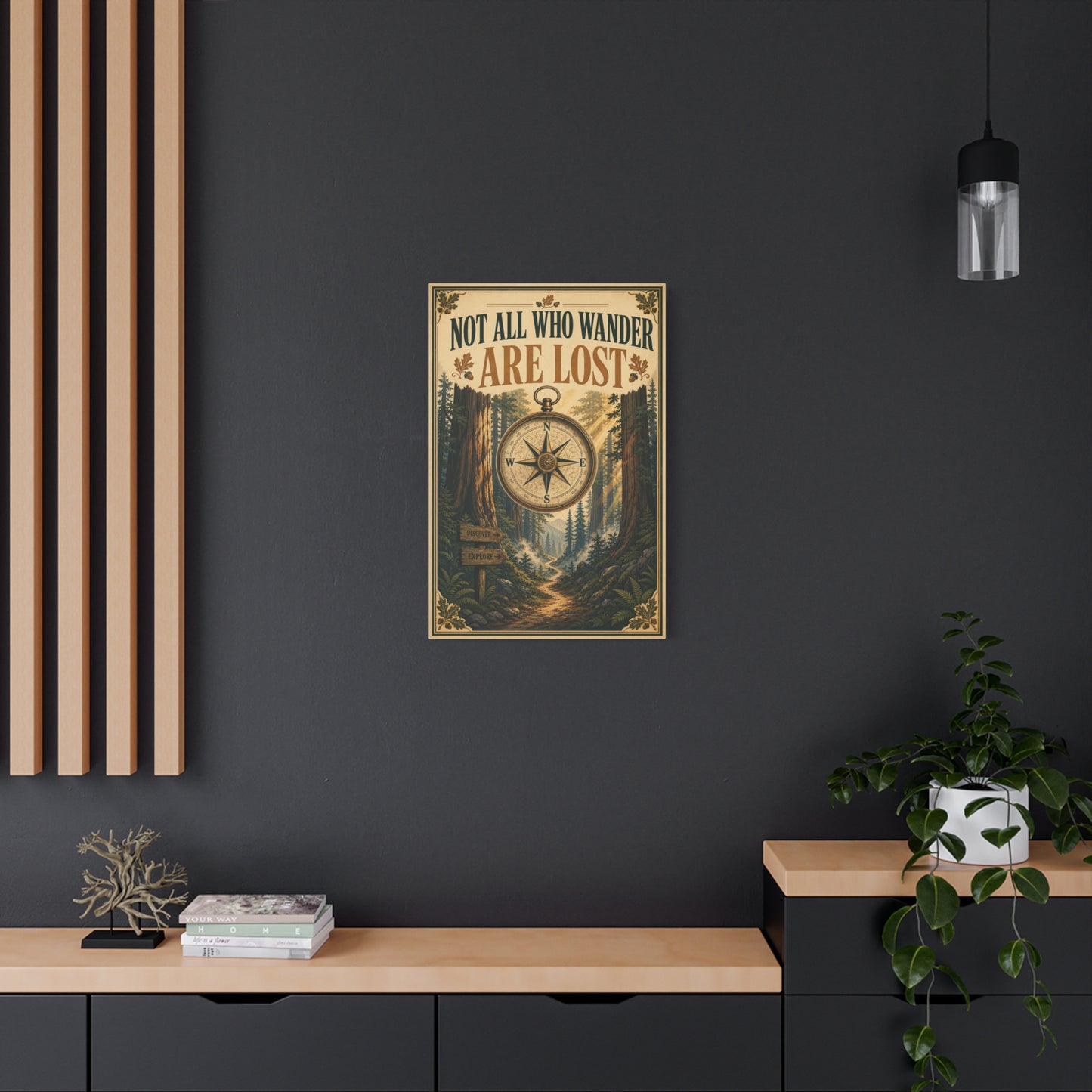 "Not All Who Wander Are Lost" Canvas Wall Art - Forest Compass Quote Print, Vintage Rustic Adventure Decor, Wanderlust Typography Poster Style, Living Room Bedroom Office - Living Room Wall Decor
